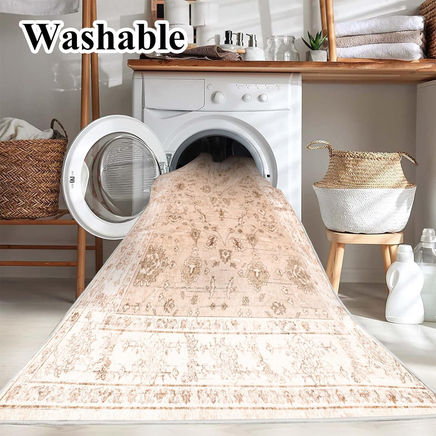 Area Rug 6x9 Washable Rug Tangerine Vintage Traditional Floor Cover Thin Retro Kitchen Indoor Distressed Non Slip Carpet Floral Print Mat Living Room Bedroom Dining Room