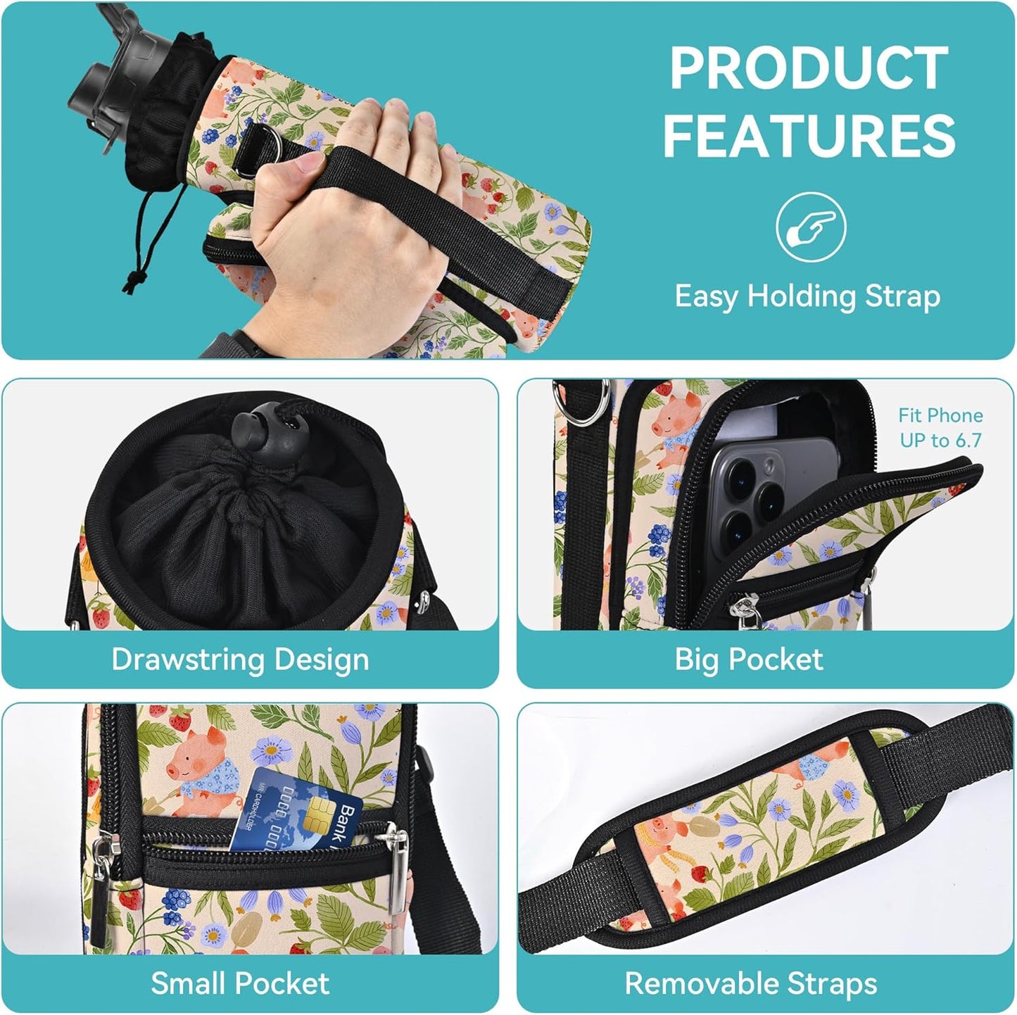 AUPET Water Bottle Sling Bag Sleeve Holder Carrier 25/32/40/64 oz,Insulated Crossbody Water Bottle Case Cover with Strap and Pockets for Men/Women Walking Hiking