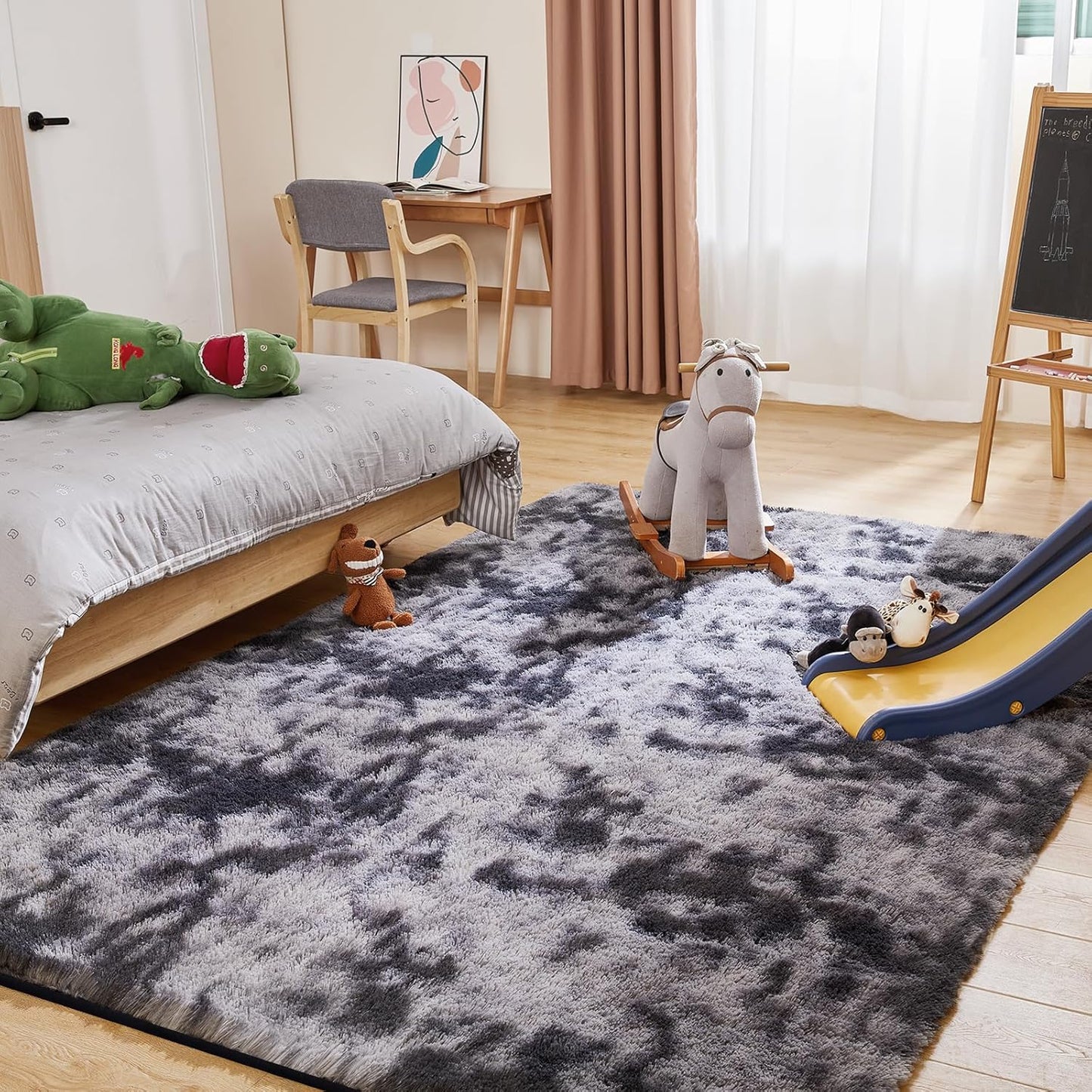 Fluffy Shag Area Rug, 3x5 Tie-Dyed Dark Grey Rugs for Bedroom, Soft Plush Area Rugs for Living Room, Non-Slip Indoor Carpet for Nursery, Study Room, Dressing Room, Home Decor