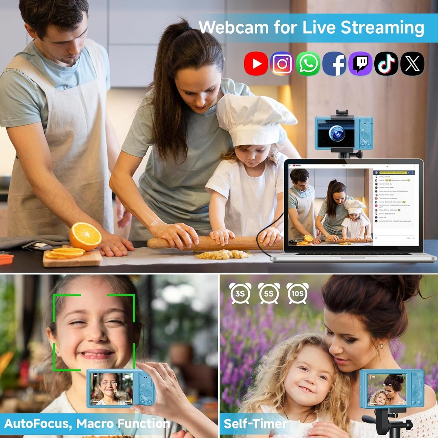 Digital Camera for Teens, FHD 4K 44MP with 64GB SD Card, 16X Digital Zoom, Compact Point Shoot Camera Blue