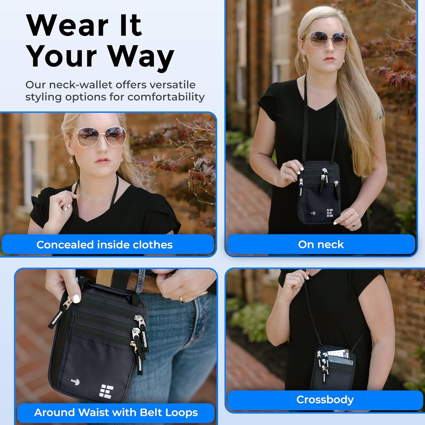 Neck Wallet for Travel & Passport Holder with RFID Blocking - Slim & Easy to Conceal Nylon Travel Pouch for men & women - Holds Phone, Cash, Cards, Keys - Sweat & Water Resistant - Large - Black