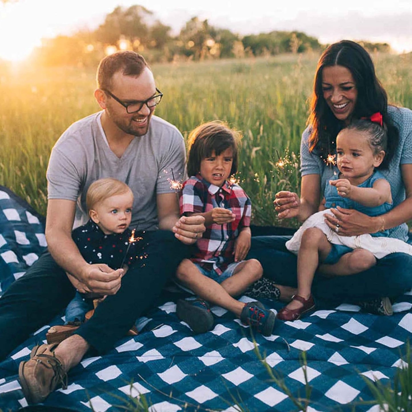 Little Unicorn 5'x5' Outdoor Family Picnic & Beach Blanket | Durable & Water-Resistant Fabric | Compact Fold & Easily Wipes Clean | Zipper Pocket (Navy Plaid)