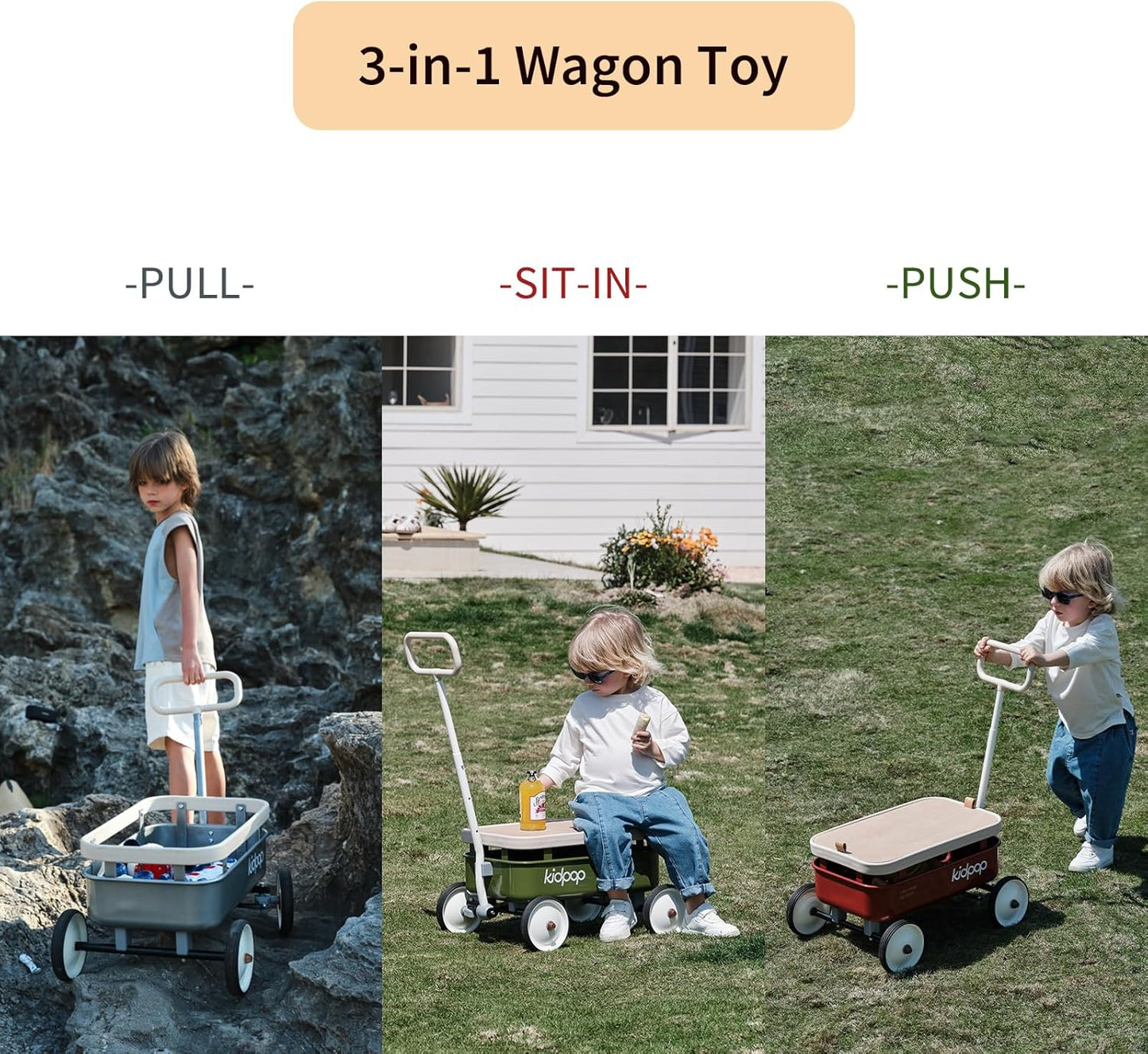 kidpop PULA-Wild 3-in-1 Kids' Pull-Along Wagon Toddlers Push Walker for 2.5-8, Removable Wooden Cover and Adjustable Handlebar, Birthday Gifts Max Weight 33 lbs (Grey)
