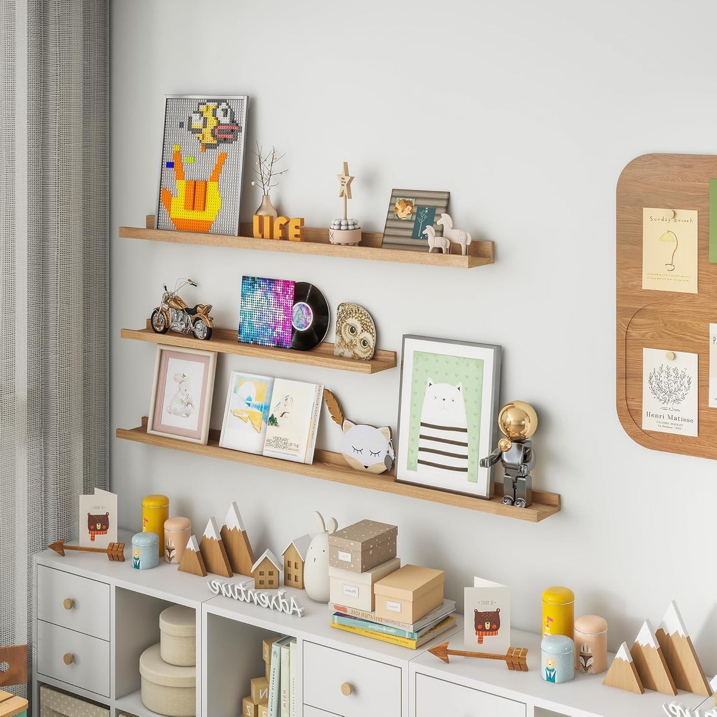 Picture Ledge Shelf, 72 inch Solid Ash Wood Floating Shelves Set of 2, Picture Ledge Photo Ledge Wall Mounted for Living Room Kids' Room Bedroom, Color Natural