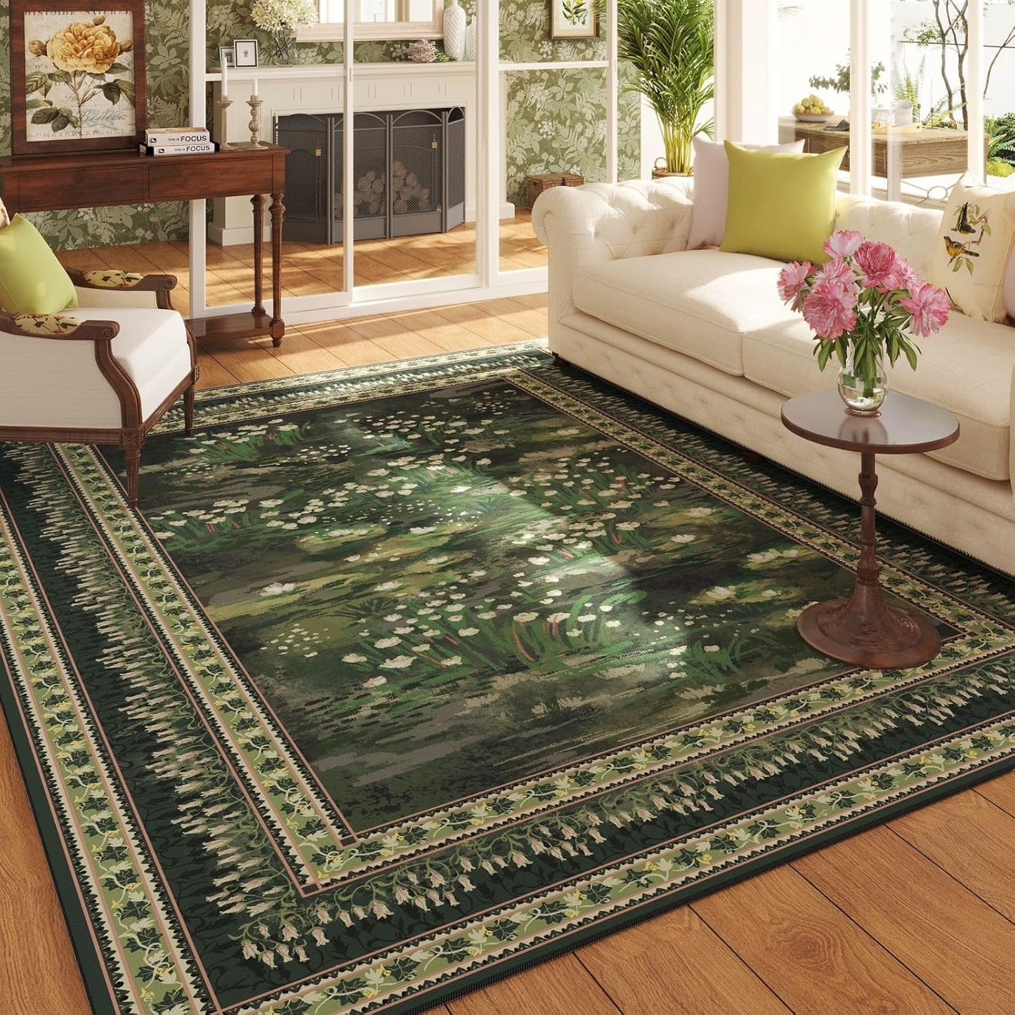 5x7 Area Rugs Impressionist-Style Vintage Washable Area Rug Non Slip Low Pile Large Rugs for Living Room Bedroom Farmhouse Dining Room Kids Playroom, Green
