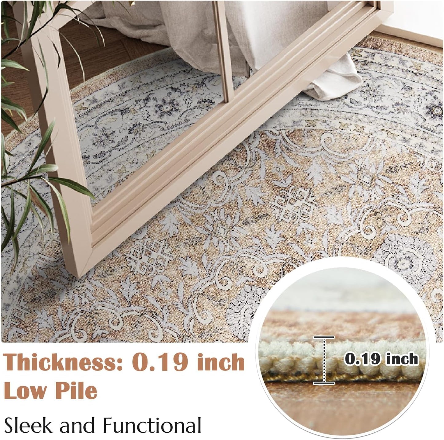 jinchan Round Rug 8ft Washable Circle Soft Rug - Low Pile Vintage 8'Round Indoor Orange Floral Print Stain Resistant Boho Carpet Ultra-Thin Non-Slip for Living Room Bedroom Dining Room Kitchen