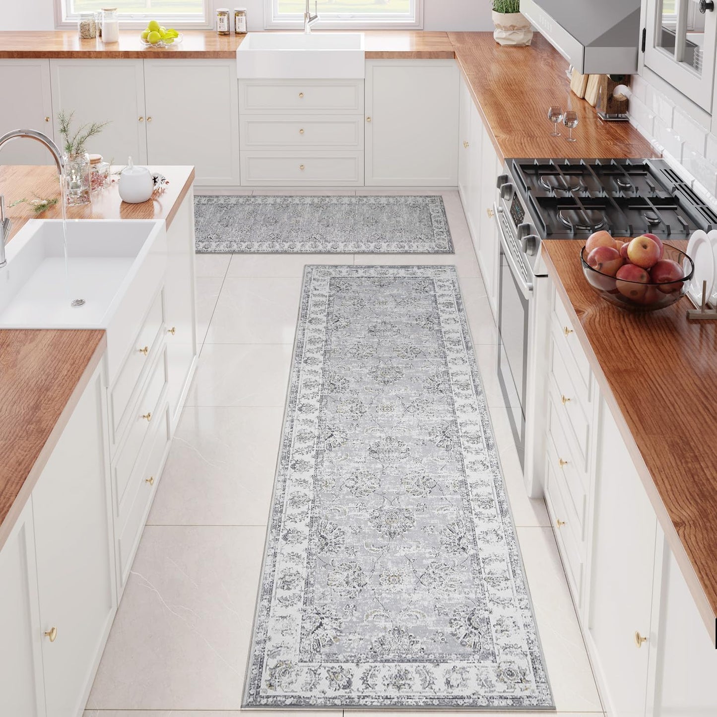 jinchan Runner Rug 2x5-2pcs Kitchen Washable Vintage Hallway Rug Floral Print Floor Cover Indoor Thin Retro Mat Accent Bathroom Laundry Room Bedroom Office Farmhouse (Double,Grey)