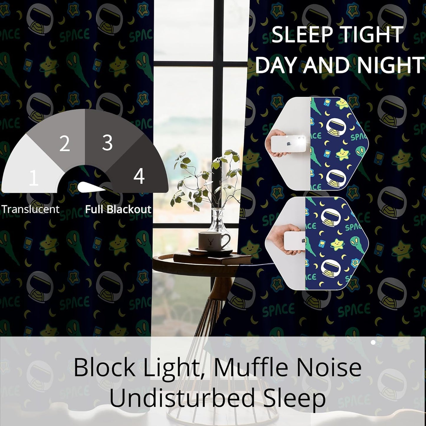 Kids Space Alien Blackout Curtains - 100% Blackout, Thermal Insulated, Noise Reducing, Perfect for Kids Room and Nursery, 2 Panels (Friendly Alien, W52×L63)