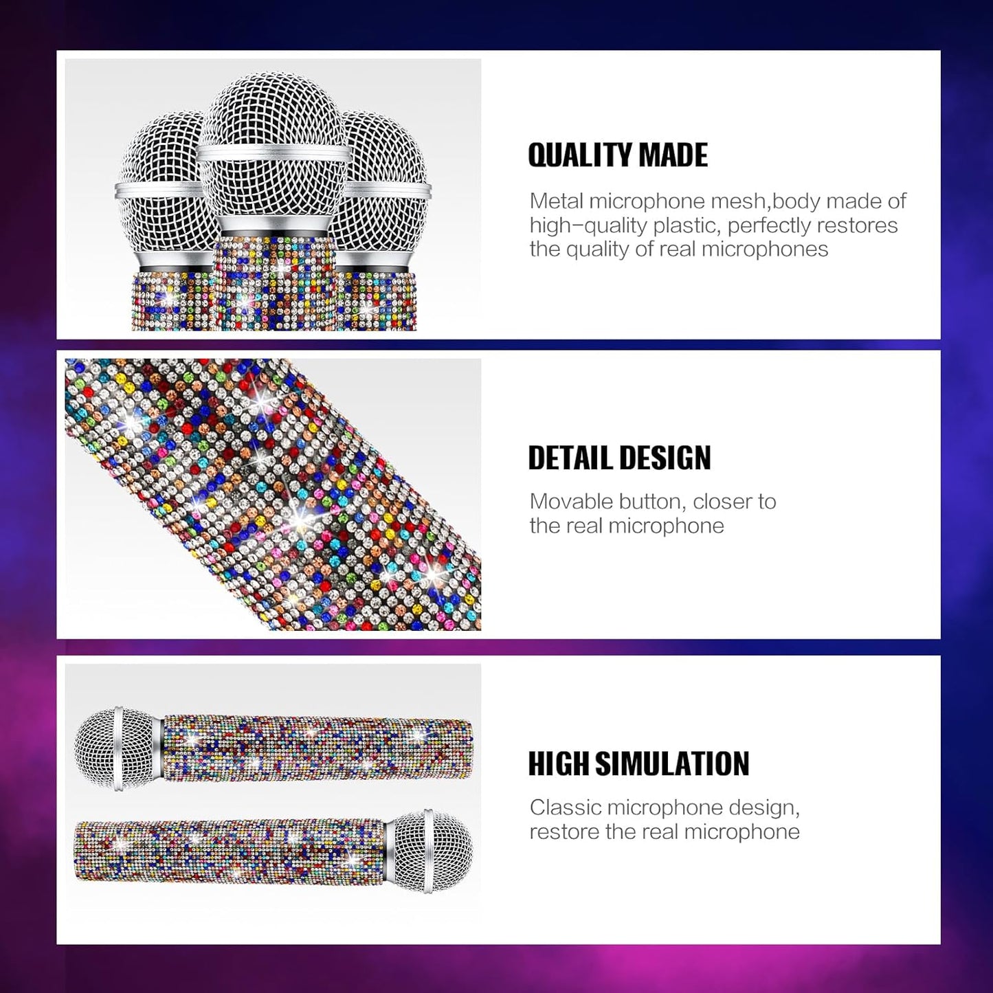 Sanwuta Fake Microphone Prop Sparkly Bling Rhinestones Plastic Play Microphone Pretend Glitter Bedazzled Mic for Cosplay Party Costume(Colorful)