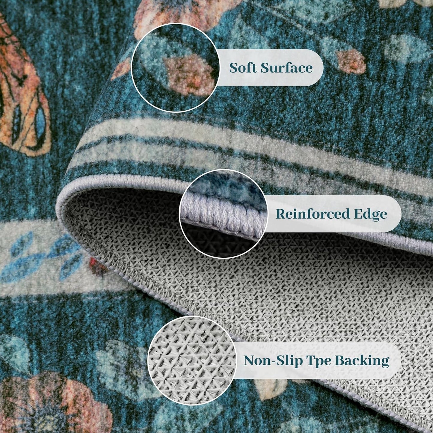 5x7 Washable Area Rug with Insect Print - Bug Rug Non-Shedding Stain Resistant Soft Carpet for Bedroom, Low Pile Ultra-Thin Machine Washable Carpet for Dining Room, Kids Nursery, Office (5'x7' Teal)