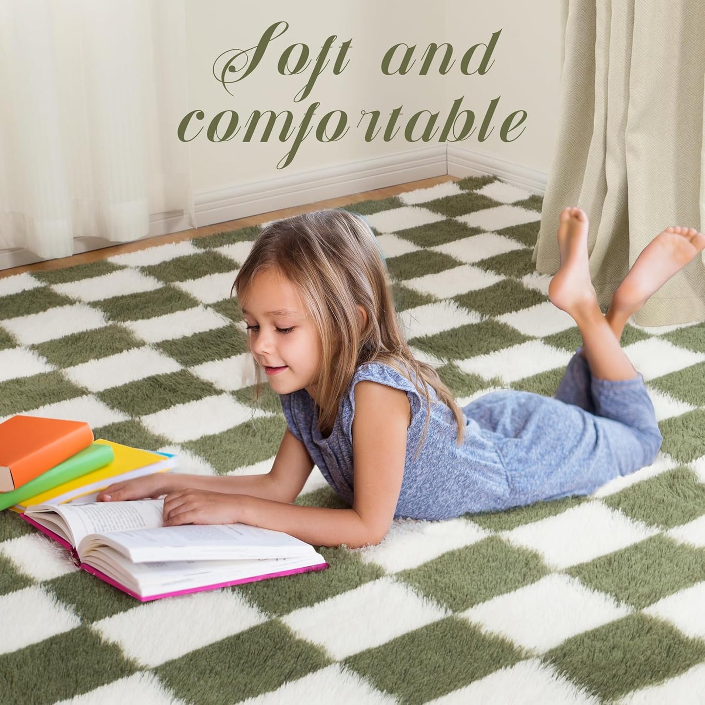 Super Soft Rug for Bedroom, 3x5 Ft Green and White Area Rug Classic Checkered Shaggy Anti-Skid High Pile Soft Fluffy Rug Fuzzy Carpet for Living Room Bedroom Kids Room Nursery, Dorm Home Decor