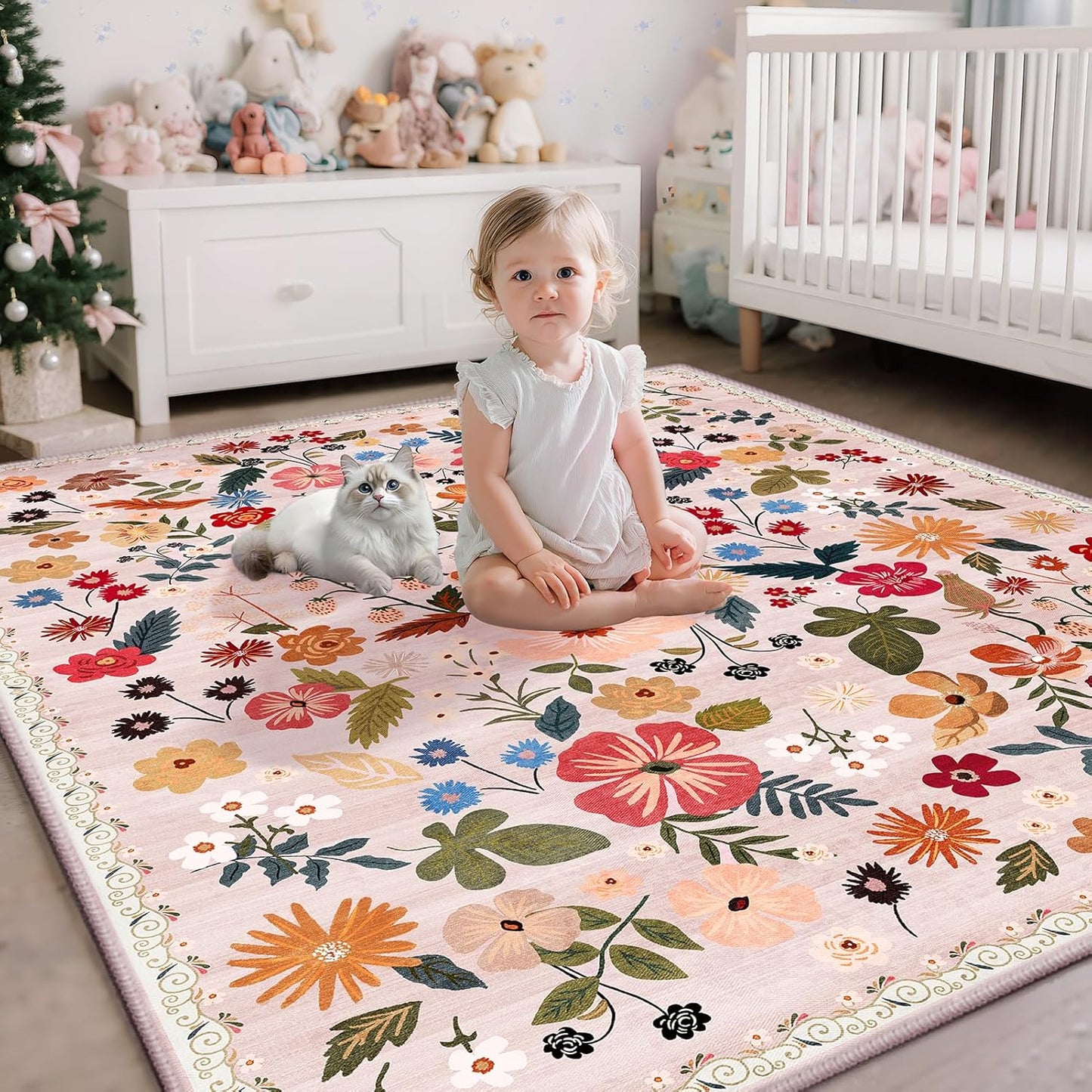 Area Rugs 4x6 for Living Room Machine Washable Non Slip Sound Absorbing Soft Faux Fur Low Pile Carpet Rugs Beige Boho Floral Rug for Living Room Bedroom Kids Room College Dorm Dining Room