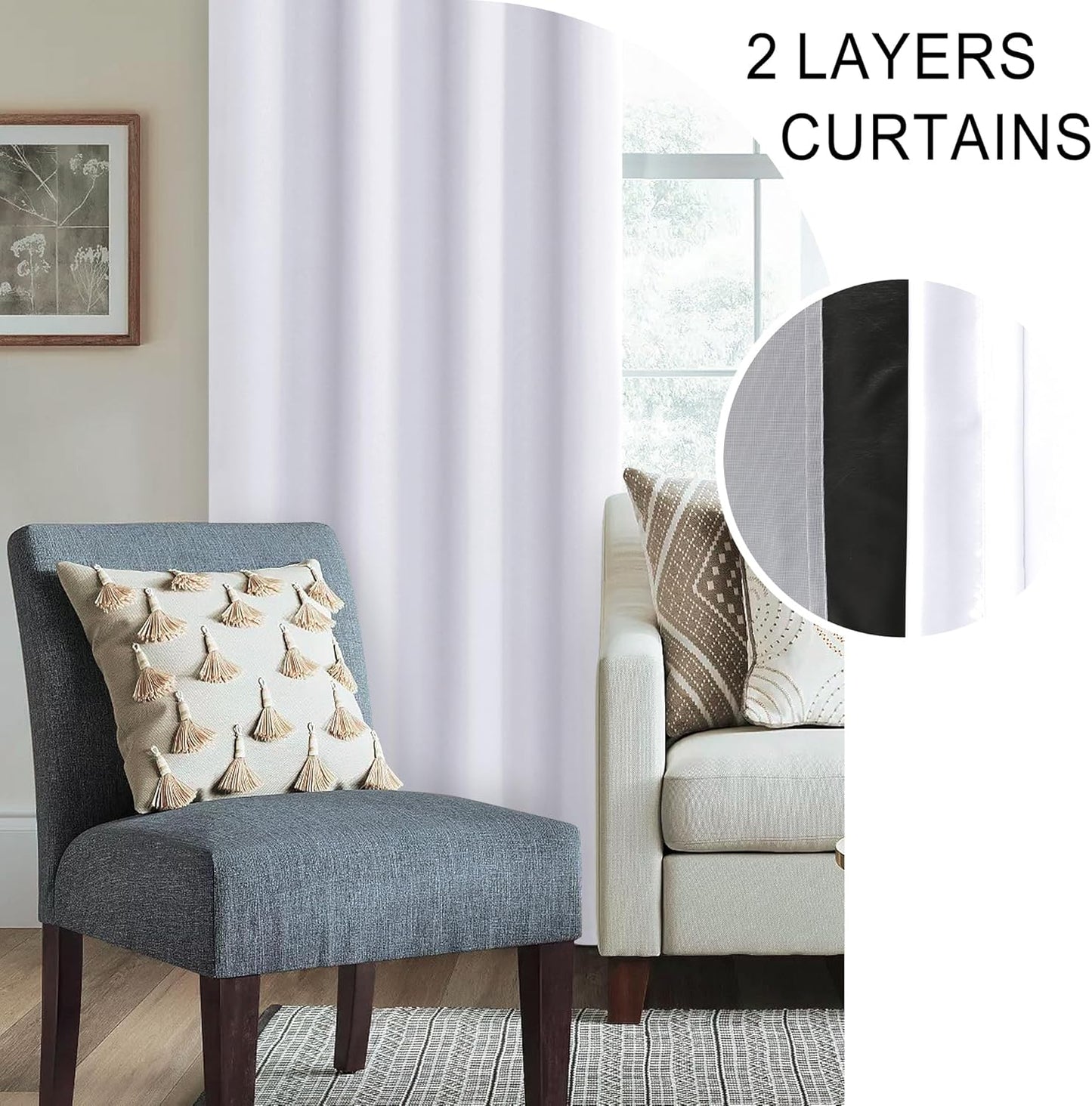 XWZO White Blackout Curtains with Tiebacks - Heat and Full Light Blocking Window Panels for Bedroom/Nursery, 63 Inches Long Rod Pocket Thermal Insulated Draperies, White, W38 x L63, Set of 2