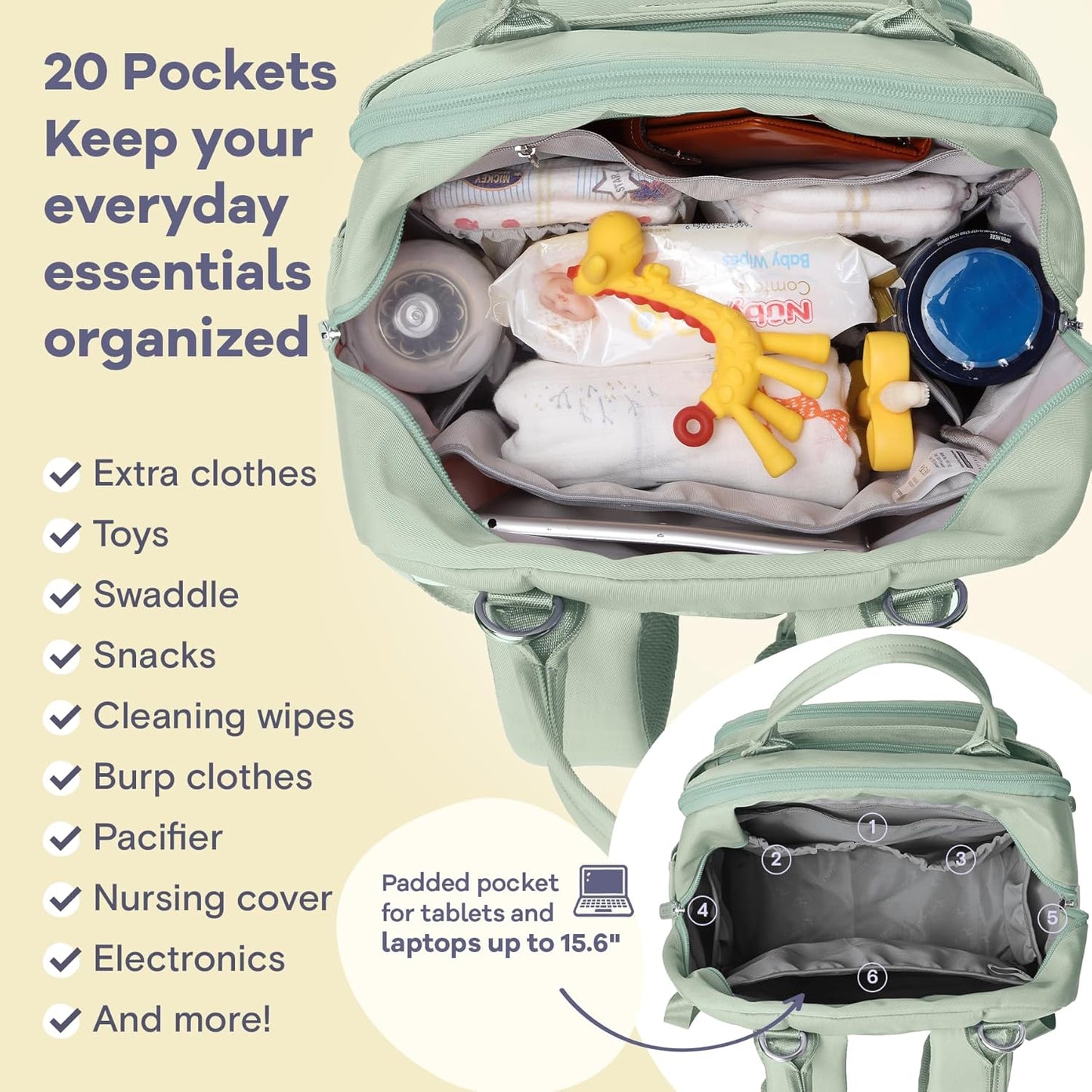 RUVALINO Diaper Bag Backpack-Multifunction Baby Travel Bag with Changing pad, Insulated Bottle Holders & Pacifier Case, Large Capacity, Waterproof, Mint Green