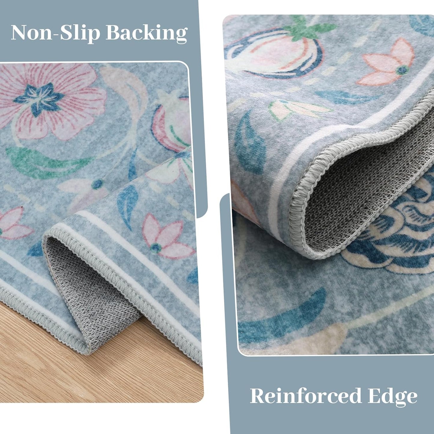 Anidaroel Blue Floral Rugs for Living Room 8x10, Washable Boho Area Rugs for Bedroom Vintage Soft Nursery Rug, Non-Slip Stain Resistant Dining Room Mat Carpet for Kids Playroom Office