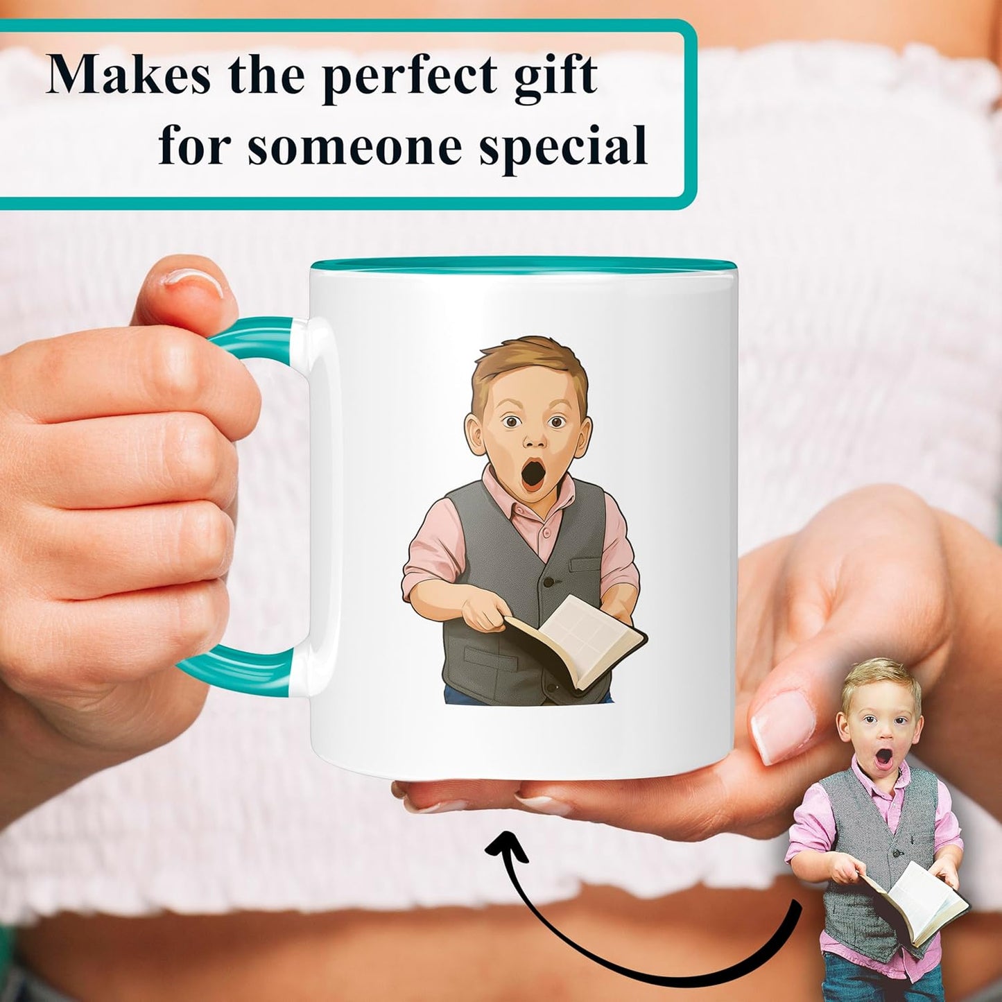 Personalized Coffee Mug, Custom Drawing Portrait Gift, Funny Customized Coffee Gift for Men & Women, Custom Mugs with Pictures, Teal 11oz Customized Ceramic Tea Cup