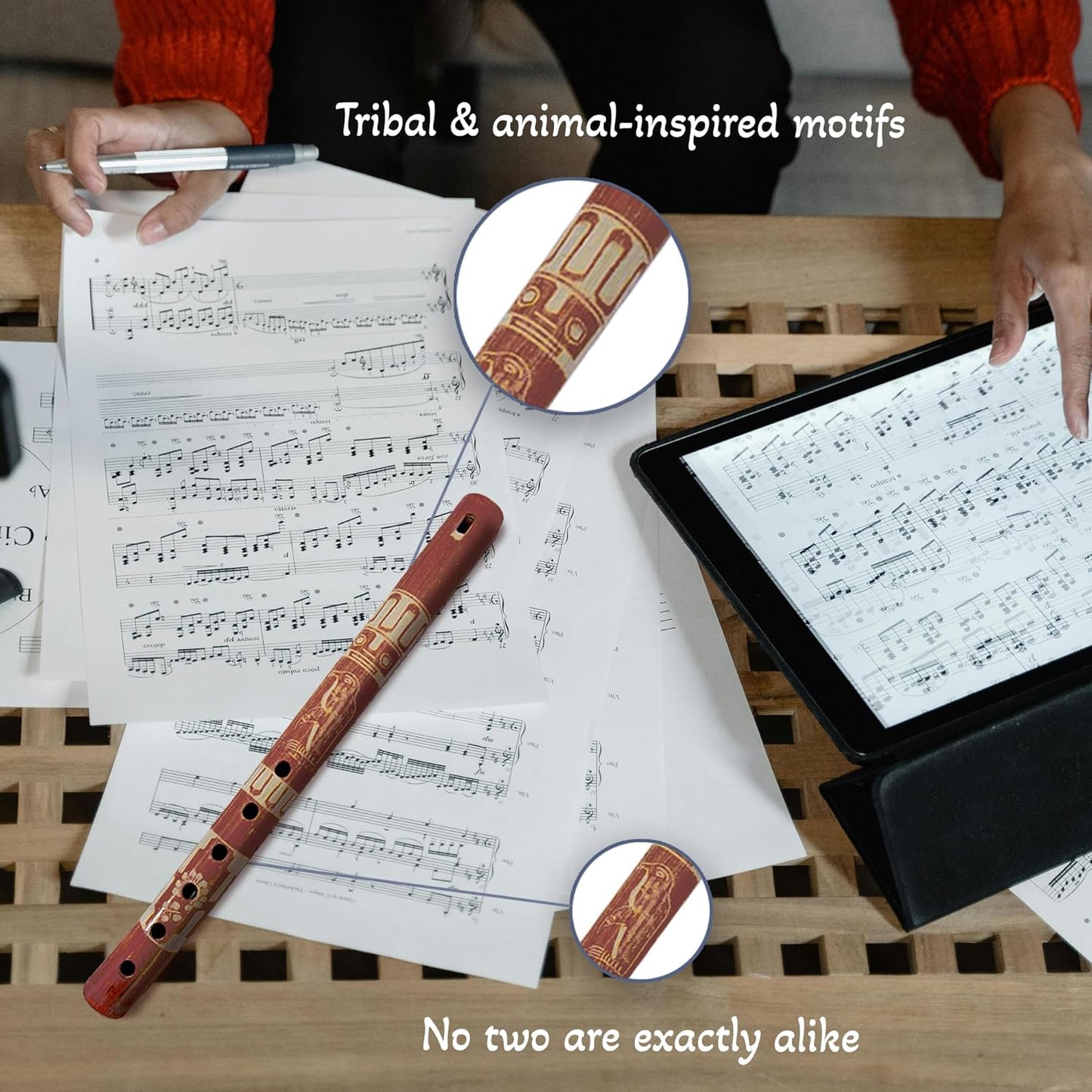 Mia Jewel Shop - Handmade Colored Bamboo Wooden Flute | Tribal Nature Pattern | Native Recorder for Beginners, Meditation & Music Lovers (Tan)