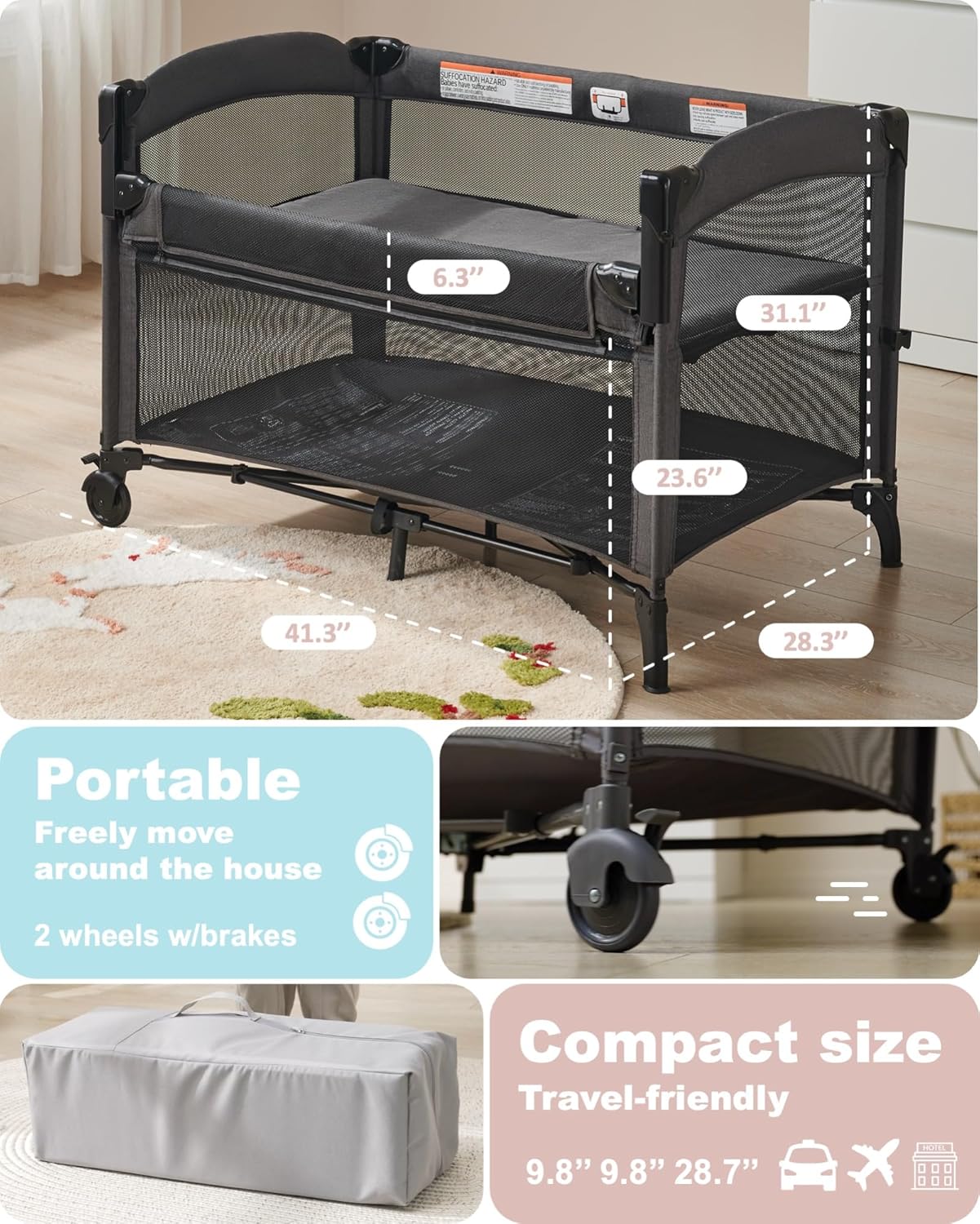 AirClub 4 in 1 Baby Bassinet Bedside Sleeper, 4 Functions Crib, Playard, Portable Changing Table, Bassinet for Newborn Baby, Bedsaide Bed w/Wheels&Brakes