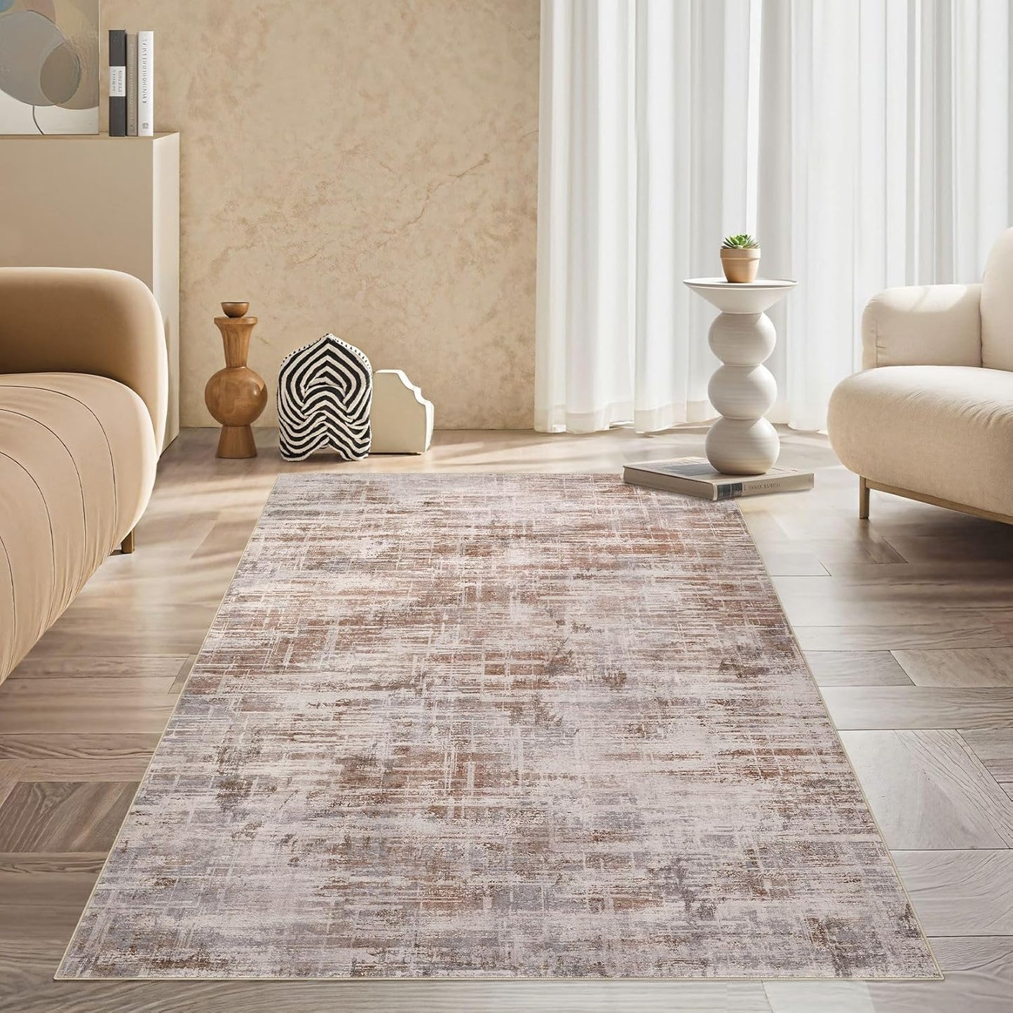 Area Rug for Living Room: 3x5 Washable Neutral Abstract Modern Soft Rugs Non Slip Indoor Floor Stain Resistant Carpet for Bedroom Dining Room Office Nursery - Red Brown