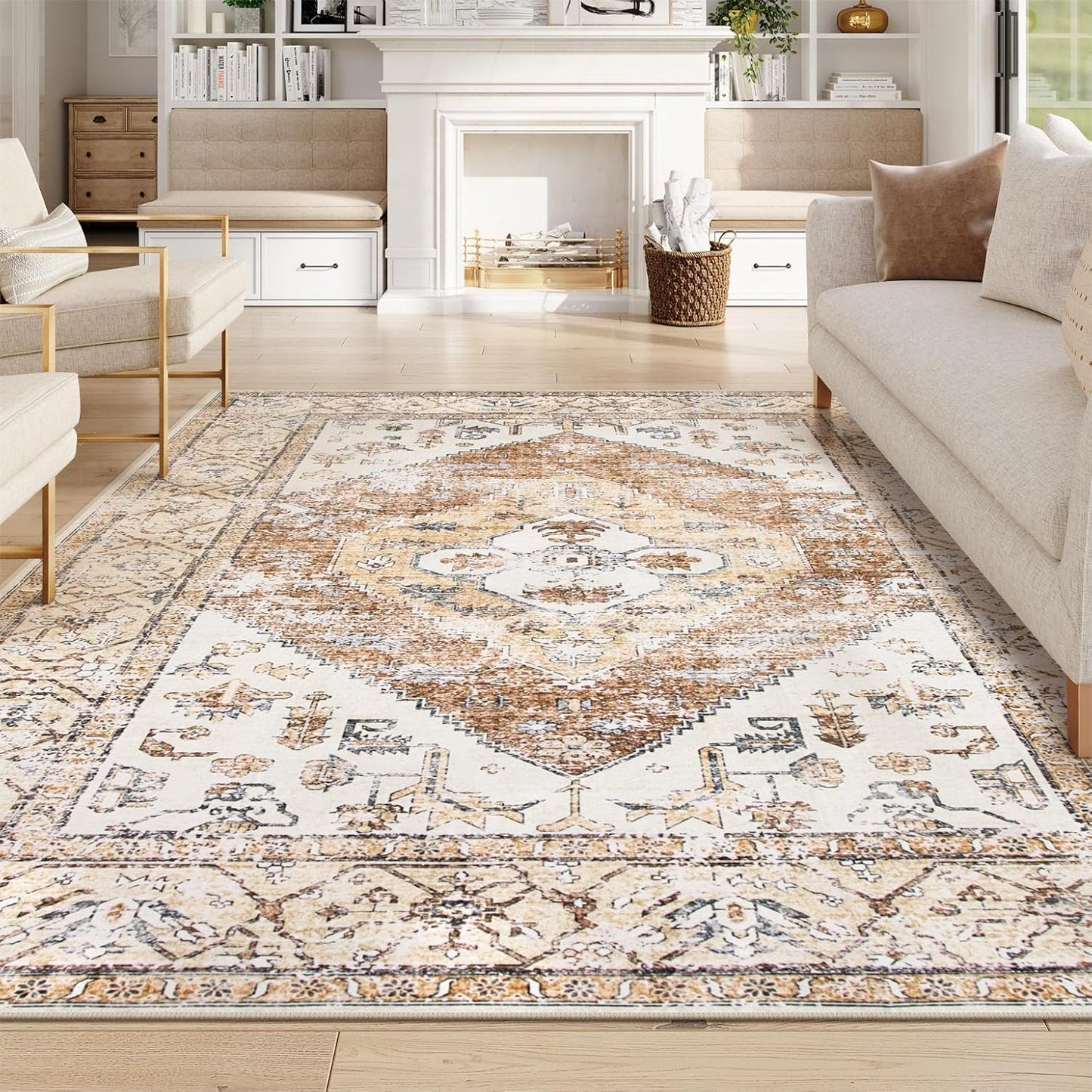 Lahome 9x12 Area Rugs for Living Room - Boho Non-Slip Washable Carpet Ultra-Thin Large Rug Lightweight Throw Foldable Dining Room Mat，Farmhouse Neutral Print Carpet for Bedroom Guest Room (Taupe)
