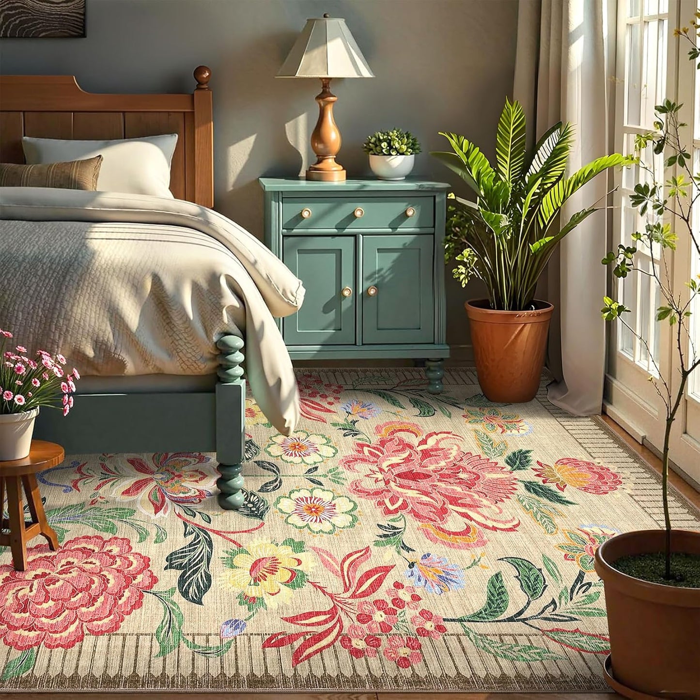 GarveeHome Floral Botanical Washable Rugs 5x7 Area Rug for Living Room, Camel Taupe Brown Vintage Boho Cottage Throw Rugs Low Pile Carpet for Bedroom Dining Nursery Rug