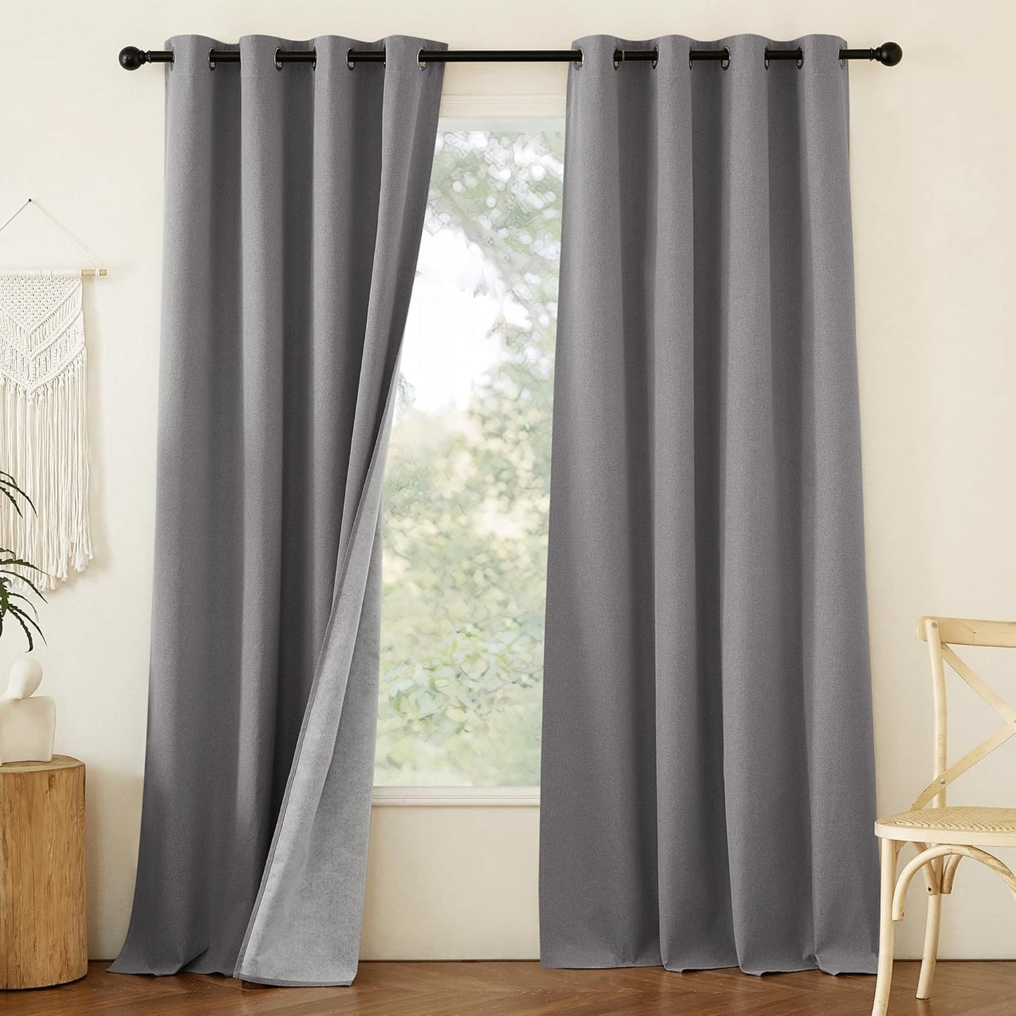NICETOWN Grey Long Faux Linen Full Shade Panels, 52" Wide x 95" Long, Pair of Thermal Insulated & Energy Efficiency Blackout Curtains for Living Room Windows, Lined Silky Performance Window Dressing