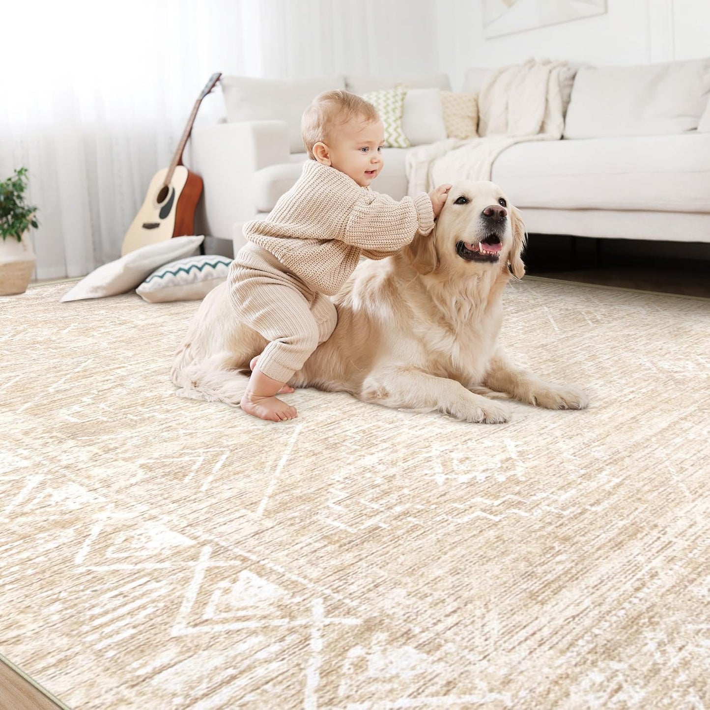 Large Living Room Area Rug 9x12 - Machine Washable Vintage Boho Moroccan Rugs Geometric Neutral Rug Non-Shedding Low Pile Distressed Farmhouse Carpet for Bedroom Nursery Classroom Dorm (9 x 12, Beige)