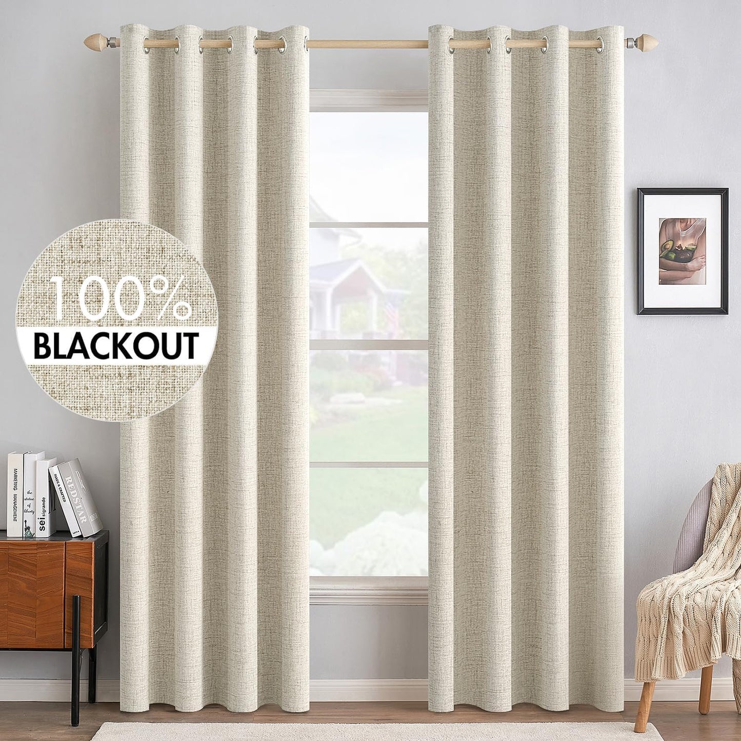 MIULEE 100% Blackout Polyester Textured Curtains for Bedroom Solid Thermal Insulated Cream Grommet Room Darkening Curtains & Drapes Luxury Decor for Living Room Nursery 52 x 90 Inch (2 Panels)