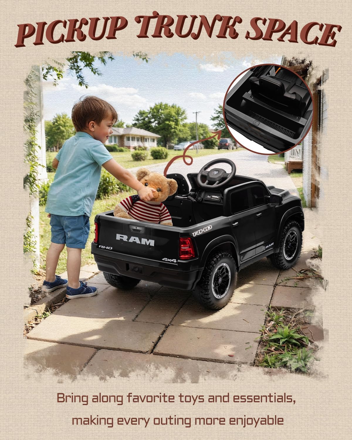 12V Licensed Ram 1500 Ride on Toy for Kids, Toddler Ride on Pickup Truck with Parent Remote Control, Electric Car for Kids with Truck Bed Storage, 3 Point Safety Belt (Black)