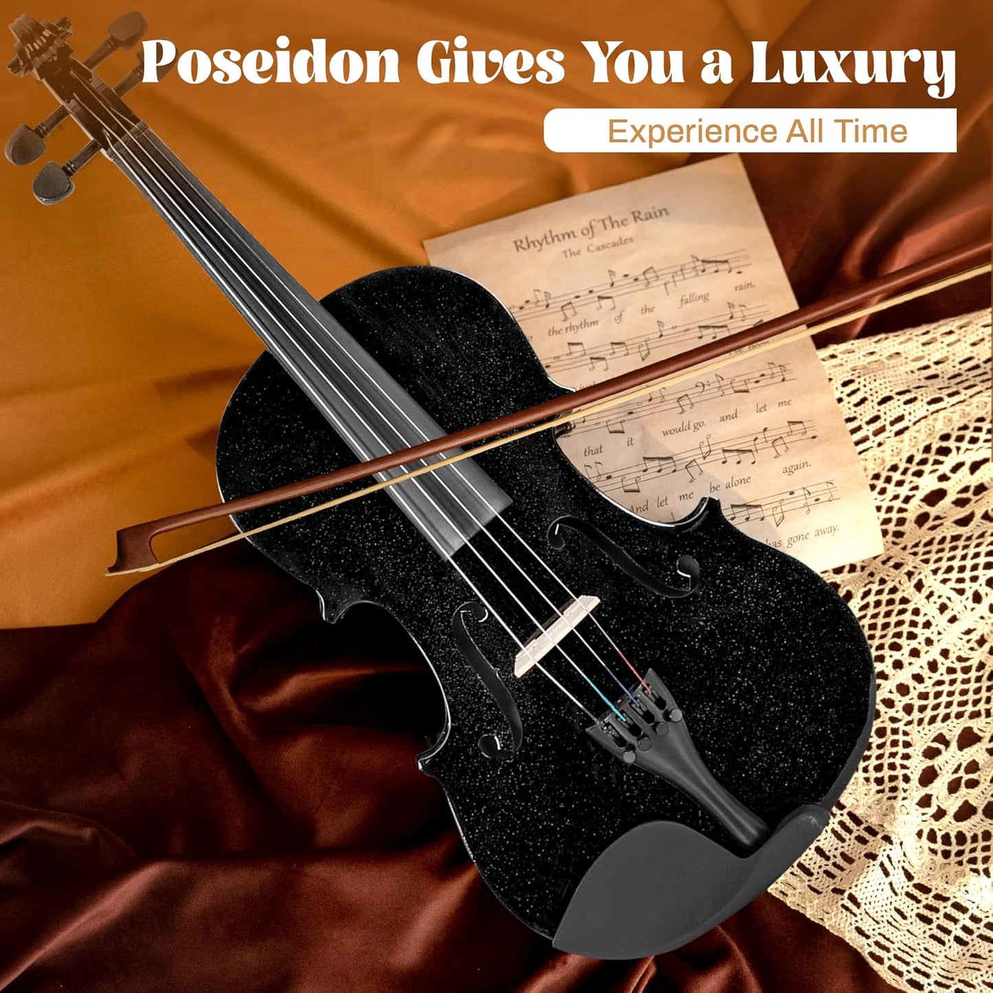 Poseidon Violin 4/4 Full Size Set, Black Violin for Beginners Adult Kid, Stringed Musical Instrument w/Case, Extra Violin 4/4 Strings Set, Violin Bow, Horse Bridge, Rosin, Shoulder Rest, Tuner, Manual