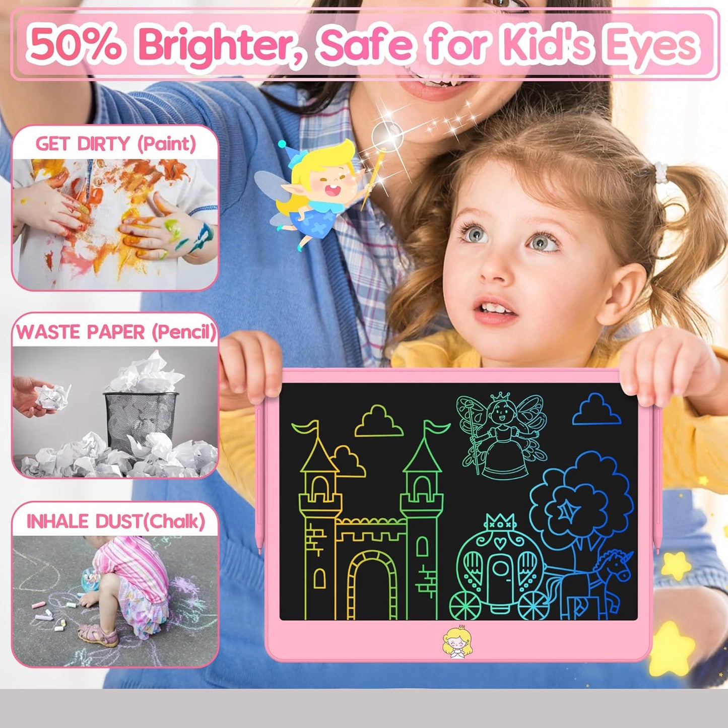 Hockvill LCD Writing Tablet for Kids 12 Inch, Toys for Boys Girls Drawing Pad for 3 4 5 6 7 Year Old Kids Toys, Toddler Erasable Doodle Board Travel Essentials, Children’s Day Gift for Kids - Pink