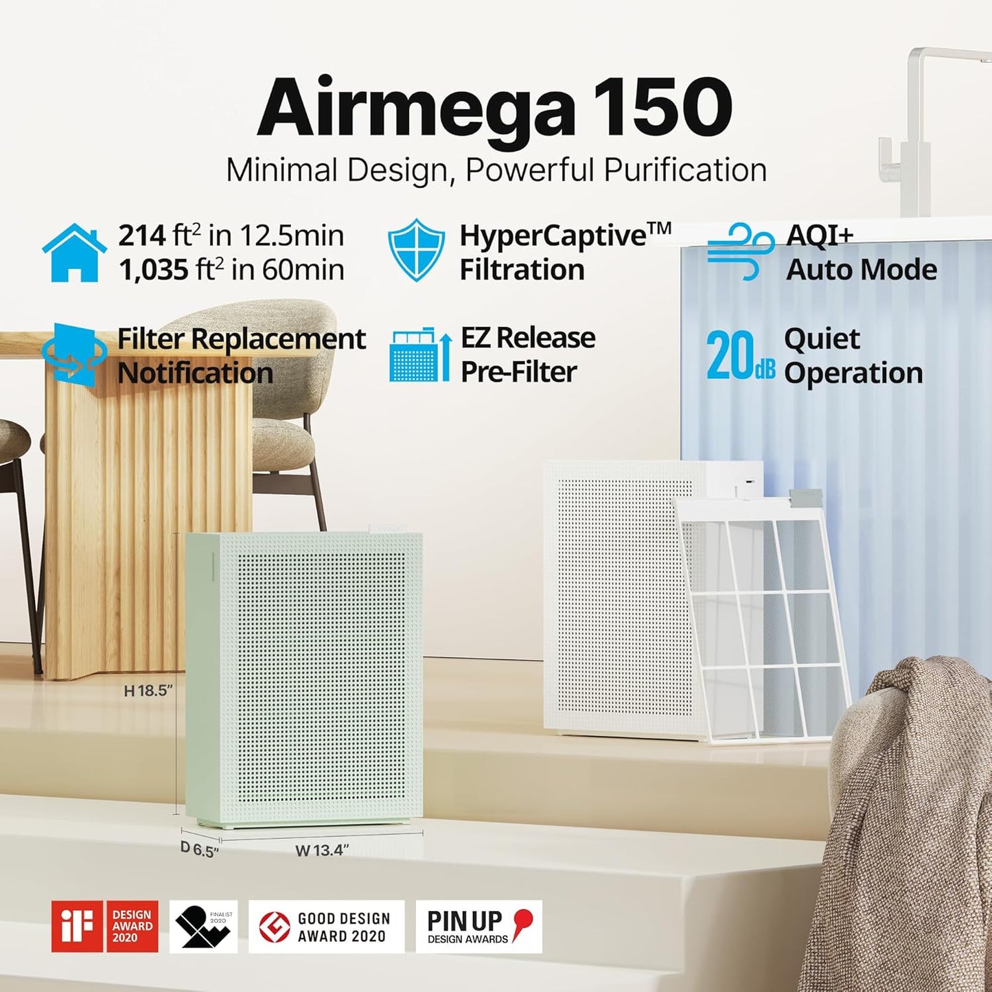 COWAY Air Purifiers for Home Bedroom up to 1,035ft² with Washable Filter, True HEPA Filter for Smoke, Pollen, Dander, Smell Air Purifier with Air Quality Monitor, Auto Mode, 3yr Warranty, 150, Green