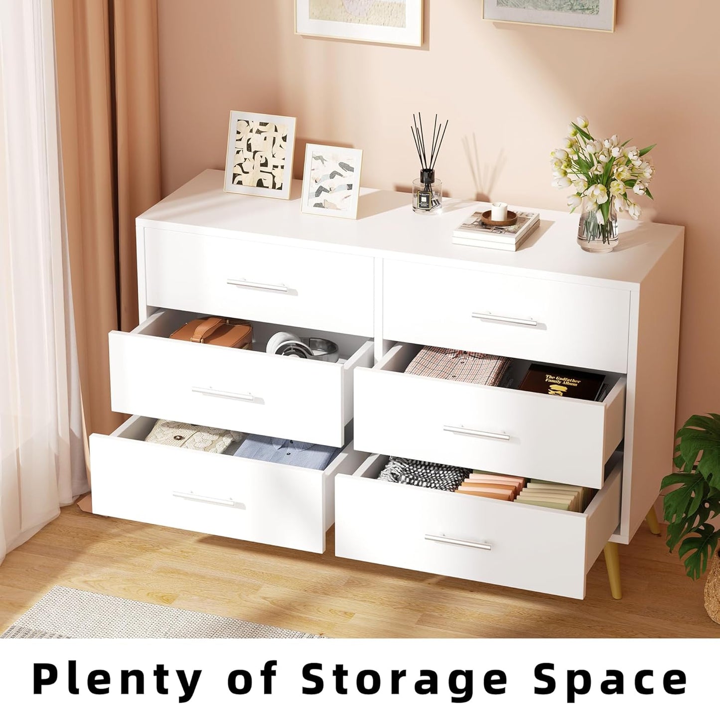 Shintenchi 6 Drawer Dresser, Wide Chest of Drawers Organizer Storage with Drawers, Large Storage Cabinet, Modern Design Dresser for Bedroom, Living Room, Porch, White