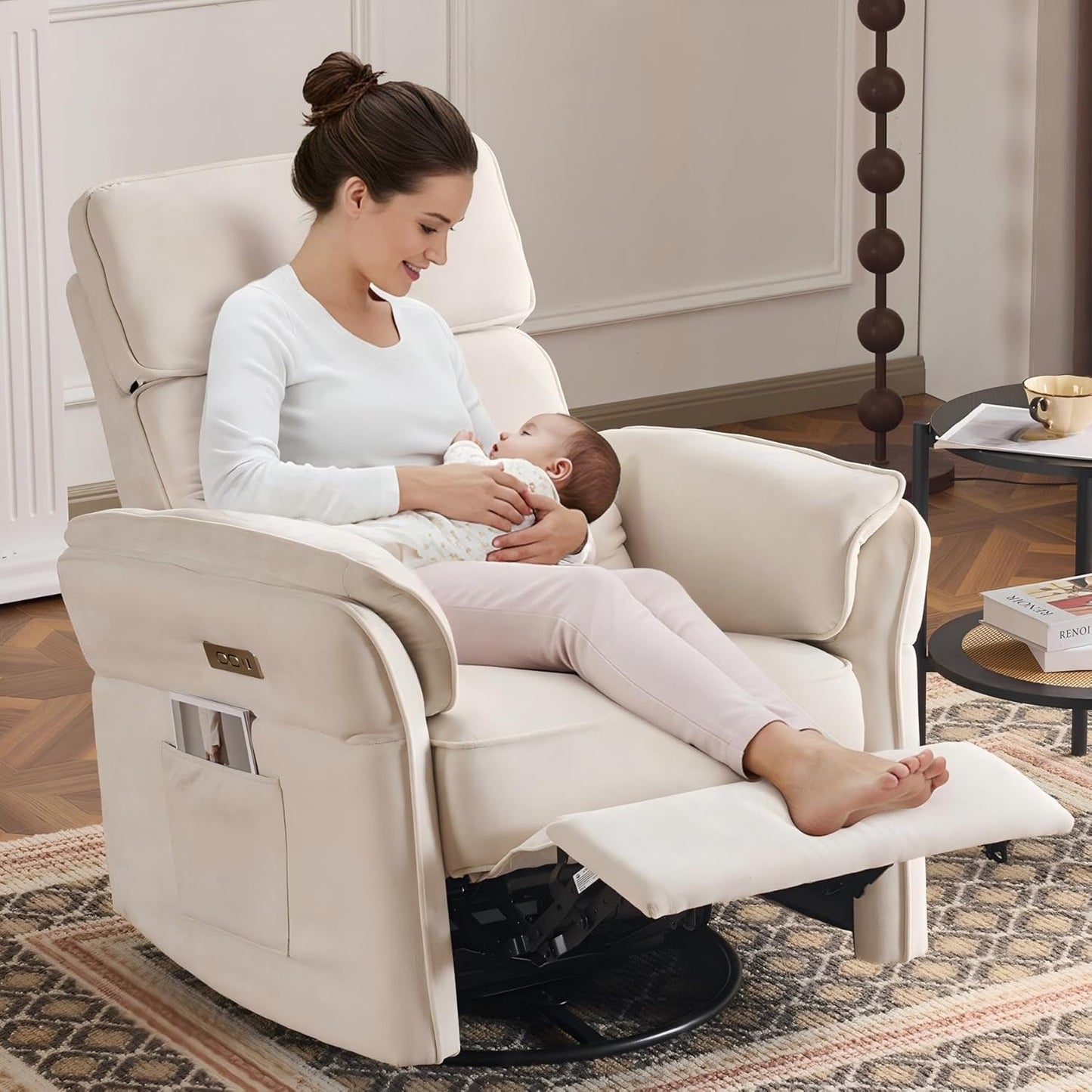 MELLCOM Power Recliner Rocking Chair Nursery Gliders with Adjustable Armrests and Headrest, Swivel Electric Glider Reclining Nursing Chair with USB Port and Storage Bags, FSC Certified