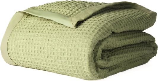 Salt Earth GOTS Certified 100% Organic Cotton Throw Blanket, 90" X 90" Blankets & Throws for Bed, Throw Blanket for Couch,Modern & Cozy Blanket, All Seasons, Waffle Blanket, Soft Blanket (Mosstone)