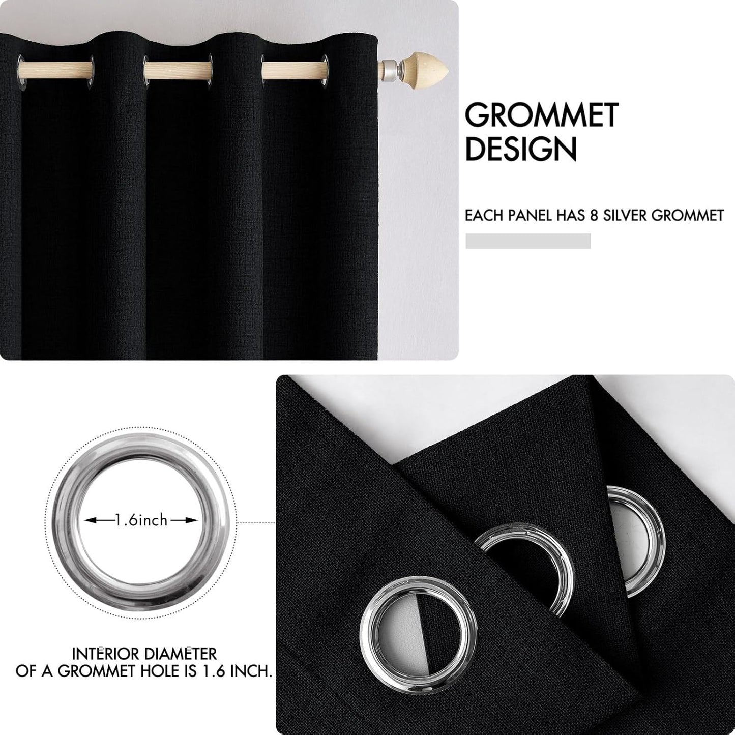 MIULEE Linen Texture Curtains for Bedroom Solid 100% Blackout Thermal Insulated Halloween Black Curtains Grommet Room Darkening Drapes for Living Room Nursery 52x63 Inch (2 Panels)