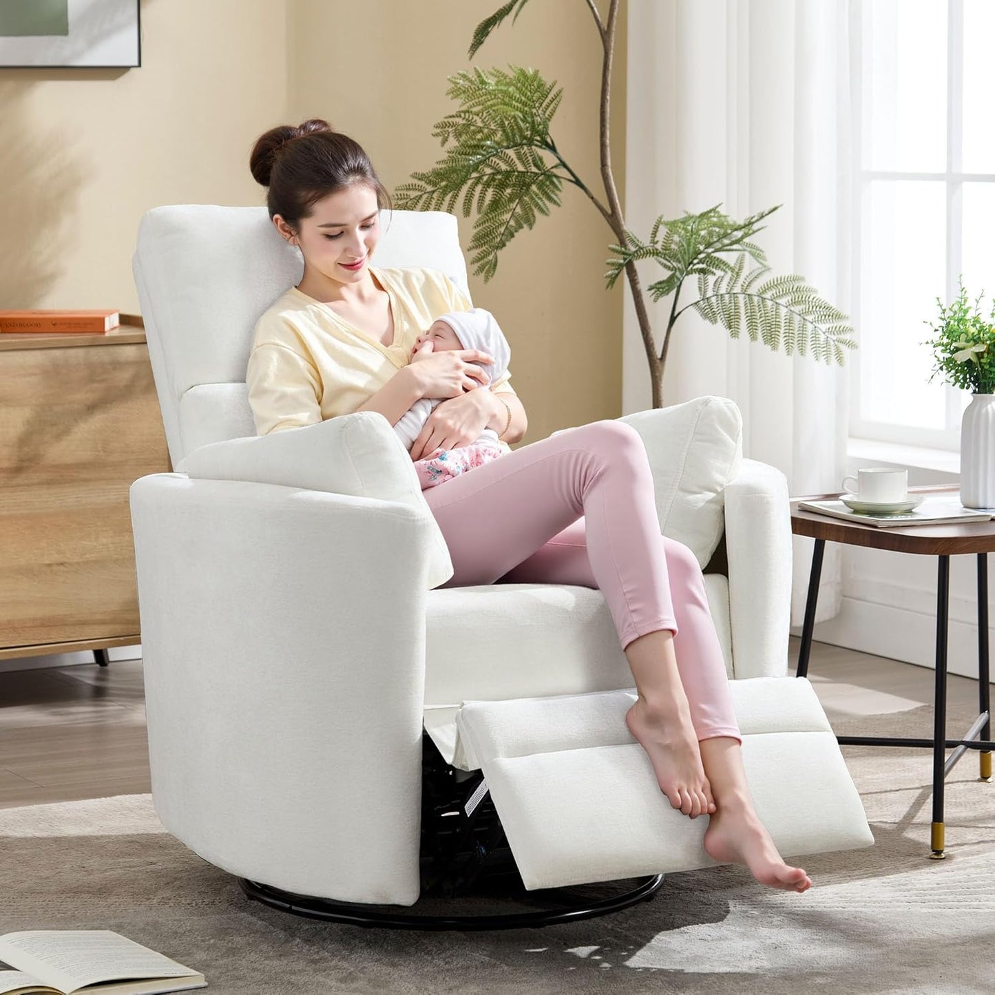 Swivel Rocker Recliner Chair, Manual Nursery Rocking Chair Upholstered Adult Rocking Chair with 2 Pillows for Living Room Bedroom (White, Manual Operation)