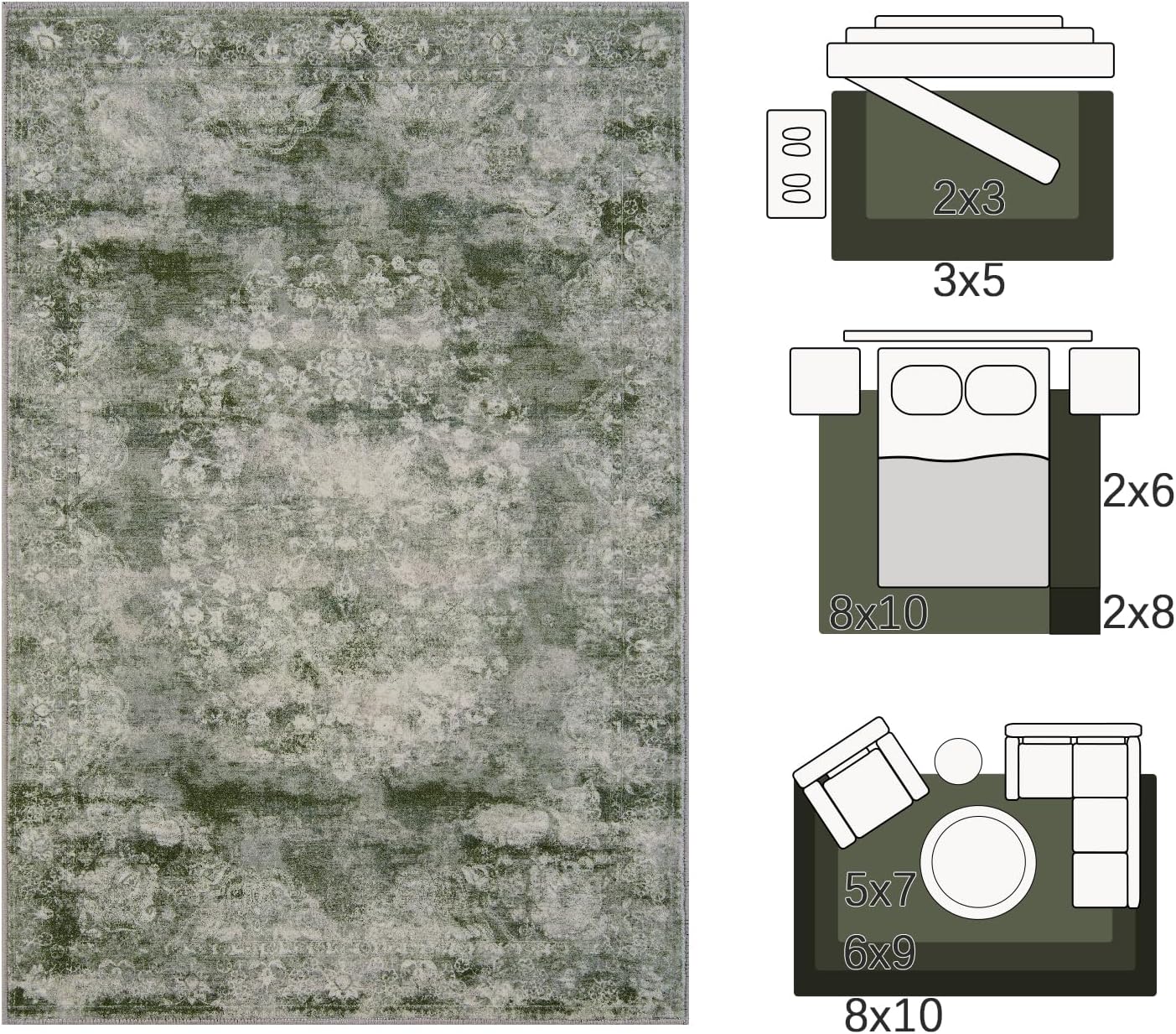 jinchan Green Floral 3x5 Area Rugs for Entryway - Machine Washable Vintage Distressed Design Low-Pile Soft Non-Shedding Carpet for Kitchen Bedside Laundry Living Room (3x5ft, Forest Green)