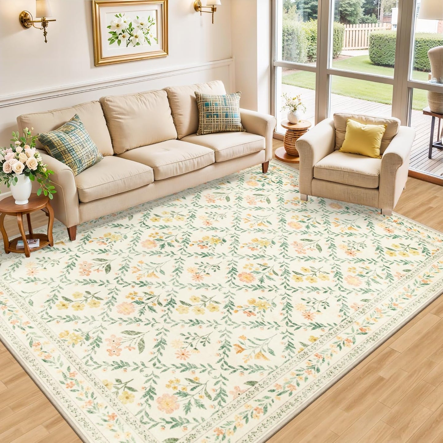 8x10 Area Rugs for Living Room: Floral Washable Rug Vintage Large Soft Boho Non-Slip Carpet Indoor Floor Stain Resistant Carpets for Bedroom Dining Room Farmhouse Nursery Home Office Beige/Multi
