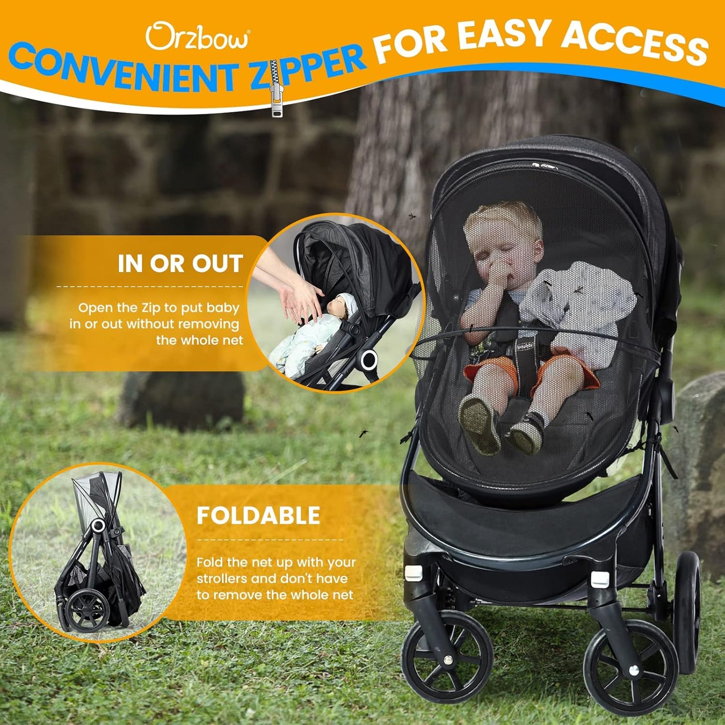 Orzbow 2-in-1 Baby Mosquito Net with UPF50+ Sunshade for Stroller, Breathable Stroller Mosquito Netting Privacy Cover with Two-Way Zipper & Storage Bag for Bassinet, Carrycot & Car Seat, Black