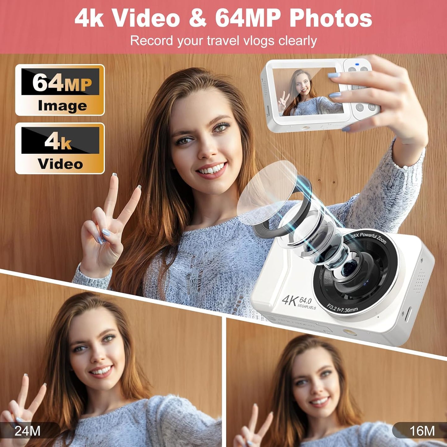 Digital Camera, 4K 64MP, 18X Zoom, Point and Shoot Digital Camera with 64GB TF Card & 2 Batteries, Portable Rechargeable Small Camera for Kids Teens Adult, White