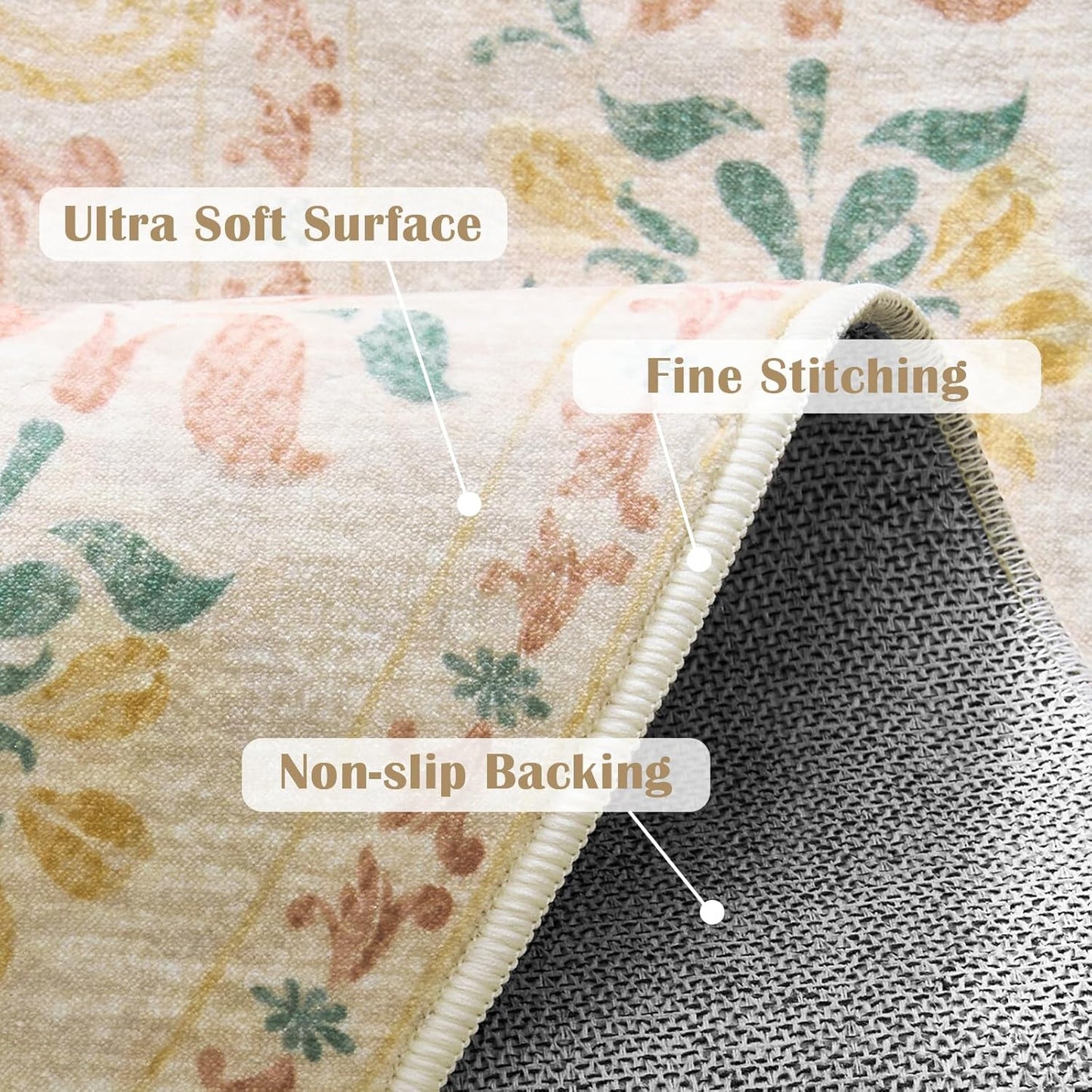 jinchan Round Rug 4ft Area Rugs Vintage Floral Distressed Design,Machine Washable Soft Non-Slip Low-Pile Ultra-Thin Circle Rug for Entryway Bedside Living Room Kitchen Nursery (4' Round,Apricot Multi)