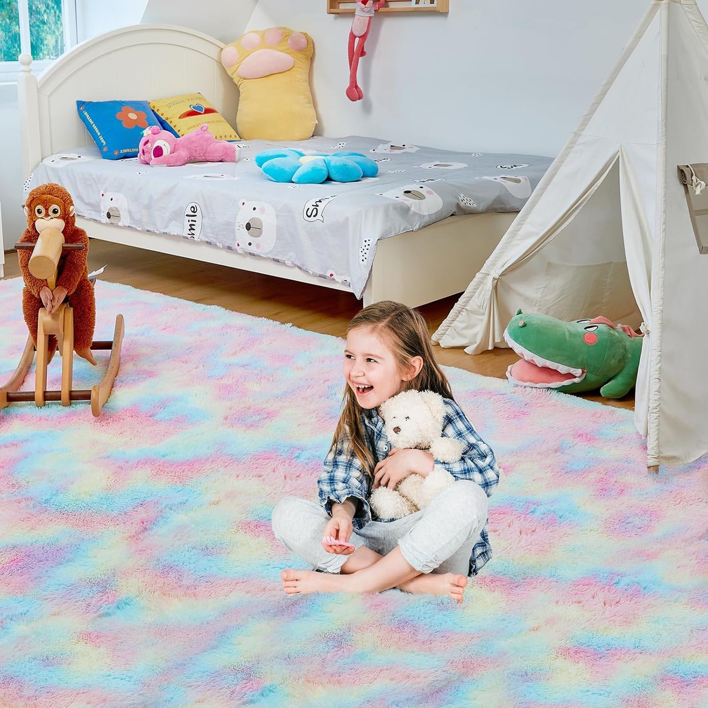 Ultra Soft Rug for Living Room, 4X6 Fluffy Shag Area Rug for Bedroom, Modern Shaggy Carpets Fuzzy Rug for Teens Dorm Nursery Home Decor Aesthetic, Upgrade Anti-Skid Durable, Rainbow