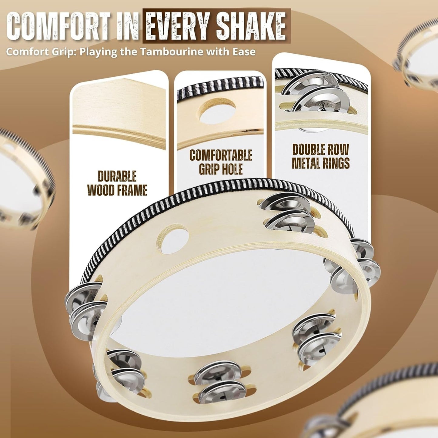 Flexzion Handheld Tambourine - 8 & 6 Inch Set of 2 Pack, Double Row 12 Pair Metal Jingles, Percussion Drum Moon Musical Educational Instrument for Adults Classroom Gift Party (Wood)