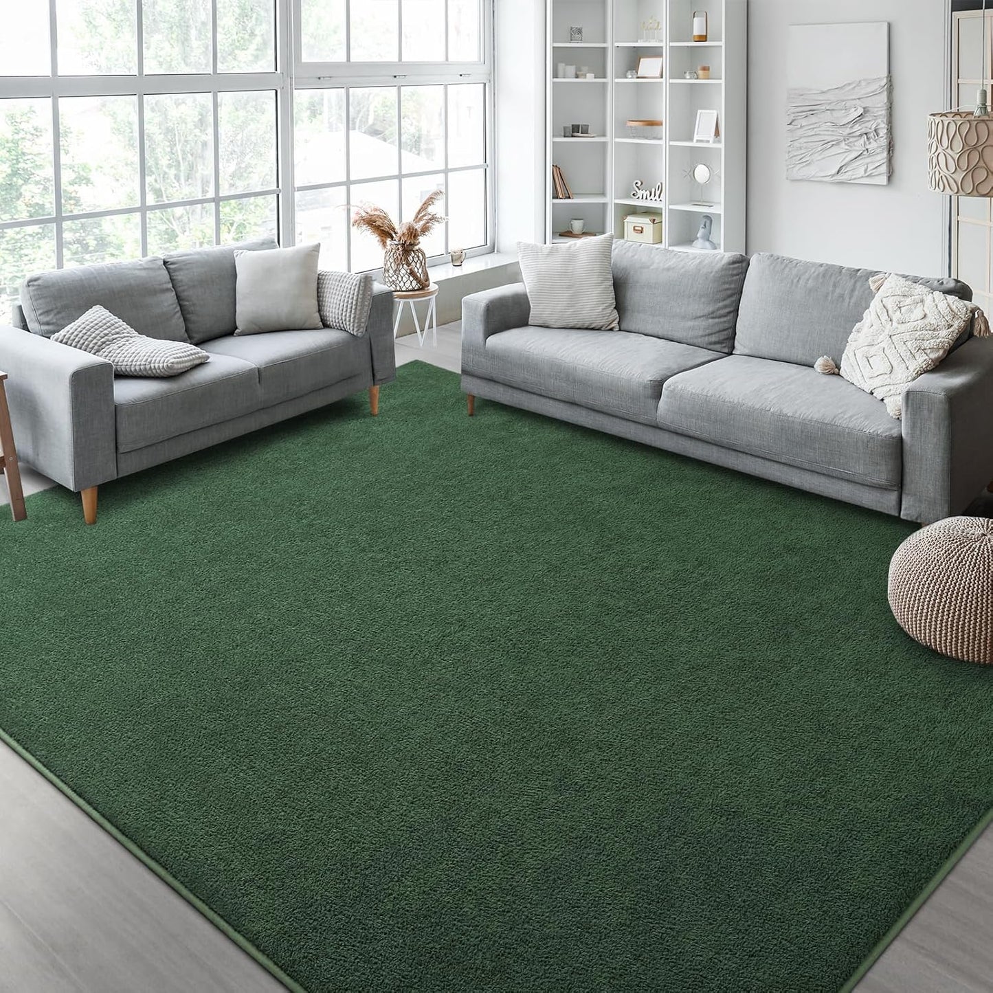 Kimicole 7x10 Washable Area Rugs for Living Room Bedroom, Large Low Pile Ulta-Thin Solid Color Rug, Non-Slip Soft Fluffy Carpet for Nursery Kids Room Dorm Room Home Decor (Dark Green)