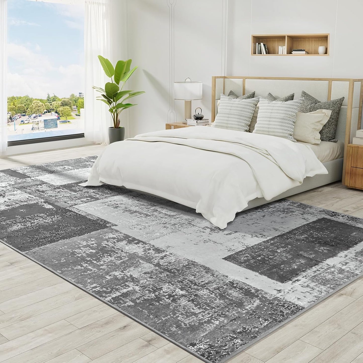 LOCHAS Rug for Living Room, Washable Soft Area Rugs for Bedroom 8x10, Abstract Carpet for Indoor Office Kids Dining Room Nursery Floor, Grey Geometric Vintage Home Decor, Non Slip, Pet Child Friendly
