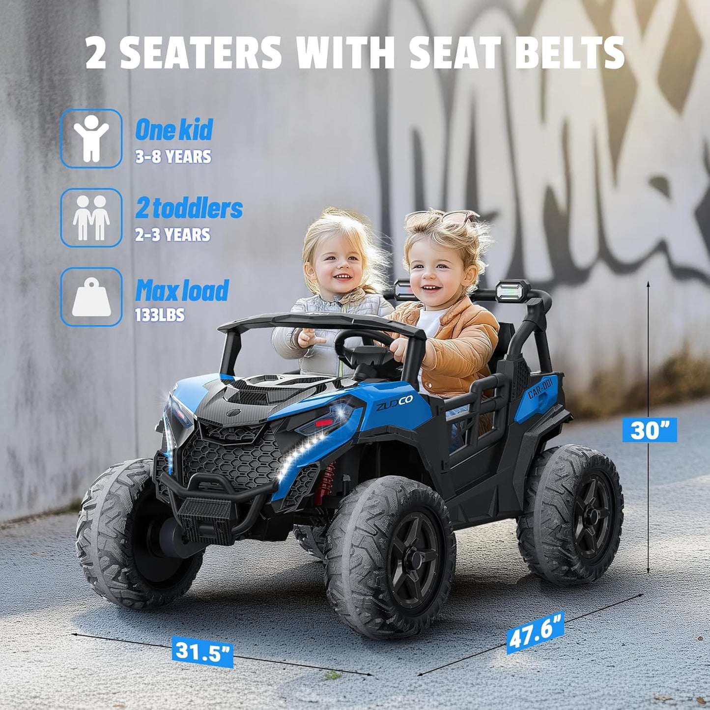 24V 2 Seater Ride on Car Truck, 4x200W, EVA Tires, 4WD/2WD, Remote Control, Rainbow Lights, Shock Absorbers, Bluetooth, Ride On UTV Toy for Kids Ages 3-8, Blue