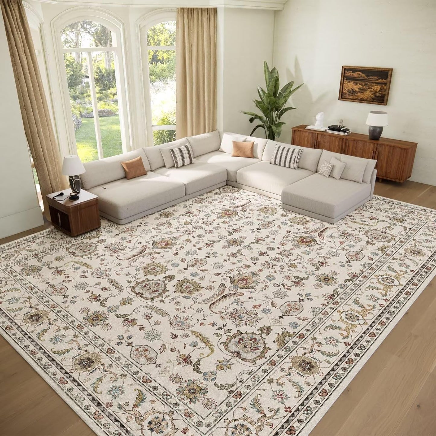 Washable 9x12 Area Rugs for Living Room, Boho Non-Slip Silicone Backing Rugs for Bedroom Dining Room Nursery Office, 0.3" Neutral Oriental Throw Carpet with 0.16" Cushioning Pad, Light Beige/Multi