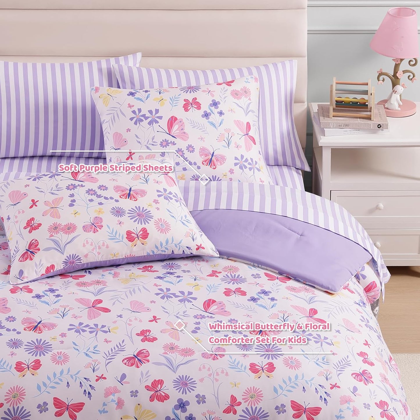 Full Size Comforter Sets with Sheets for Girls-7 Pieces Full Size Bedding Sets with Pink Comforter, Sheets, Pillowcases & Shams for Kids (Cute Botanical Flowers, 76" X 86")