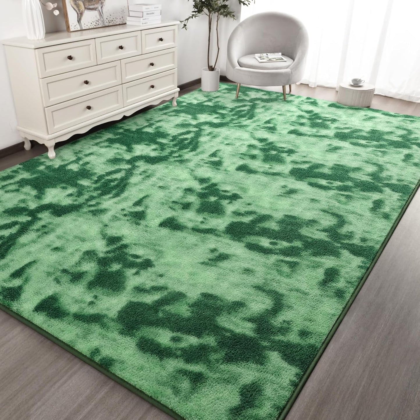 Kimicole 6x9 Washable Area Rugs for Living Room Bedroom, Large Low Pile Ulta-Thin Solid Color Rug, Non-Slip Soft Fluffy Carpet for Nursery Kids Room Dorm Room Home Decor (Green)